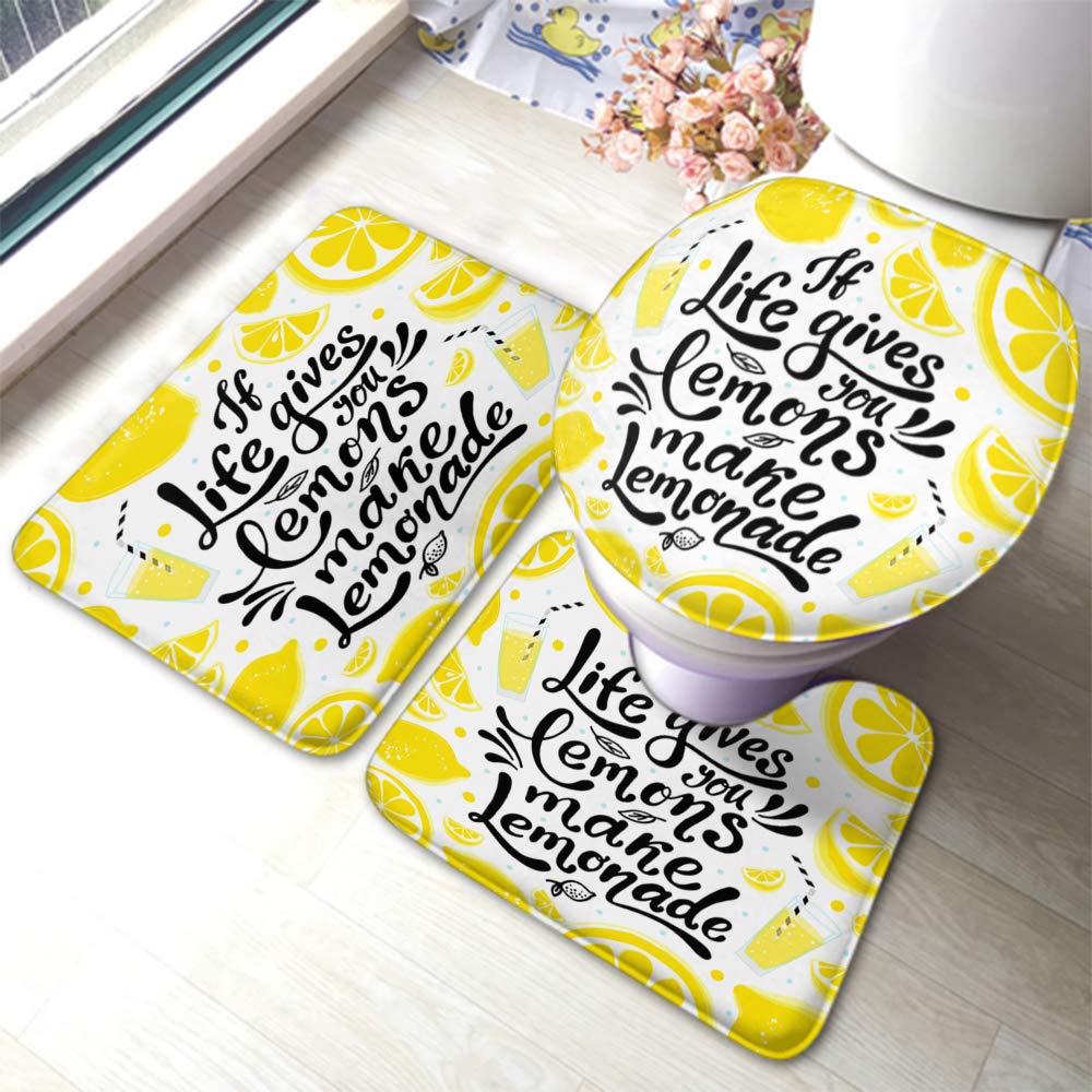 Motivational Quote Bath Mat Set - 3 Piece Non-Slip Bathroom Rug with Toilet Lid Cover (Yellow, White, Black) - 'When Life Gives You Lemons Make Lemonade' - Perfect for Bathroom Decor, Housewarming Gifts & Spa Retreats