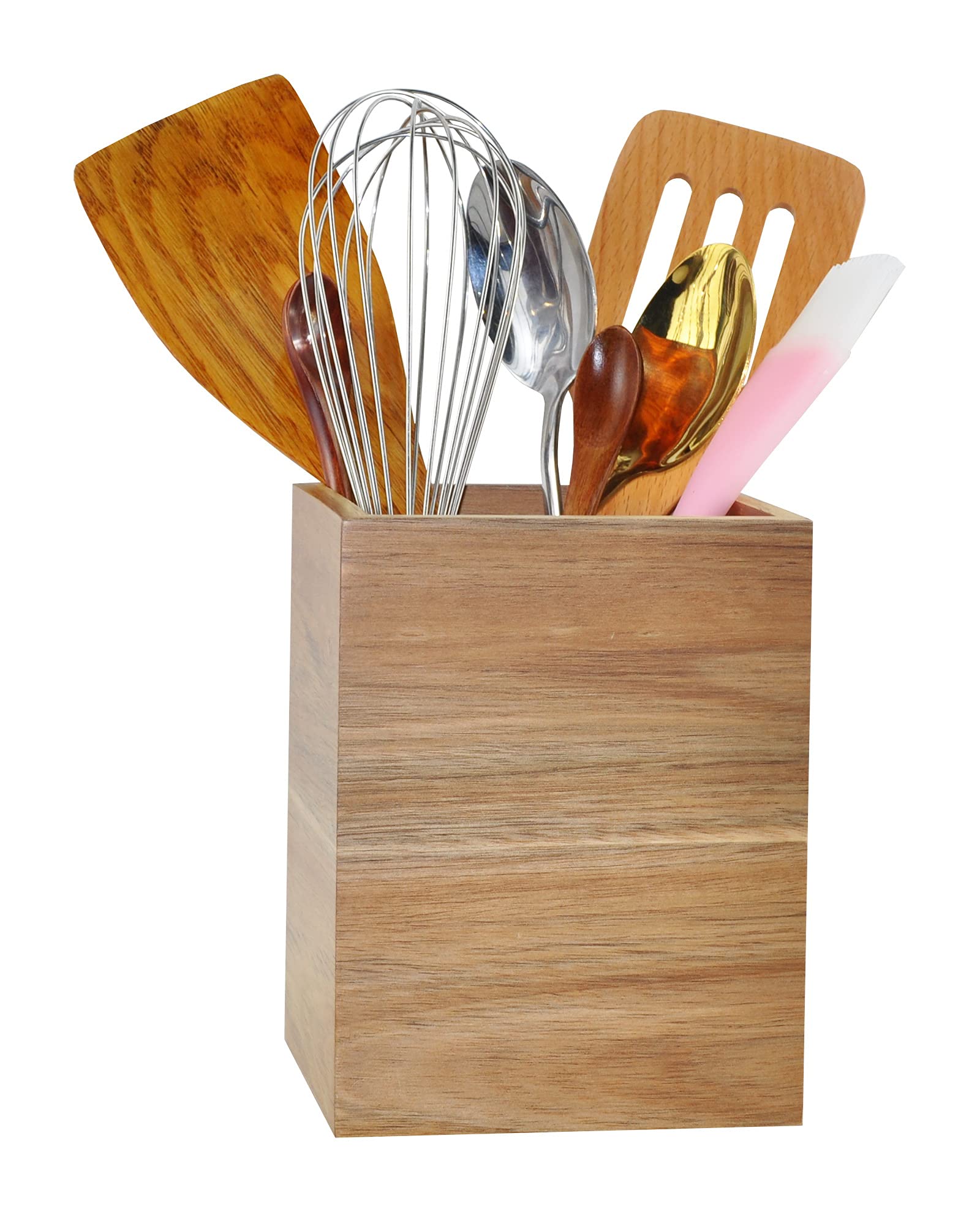 Spiretro Acacia Wood Kitchen Utensil Holder & Organizer - Countertop Cutlery Storage for Cooking Utensils, Spoons, Spatulas, Forks, Whisks & Knives - Lead-Free Lacquer, 5