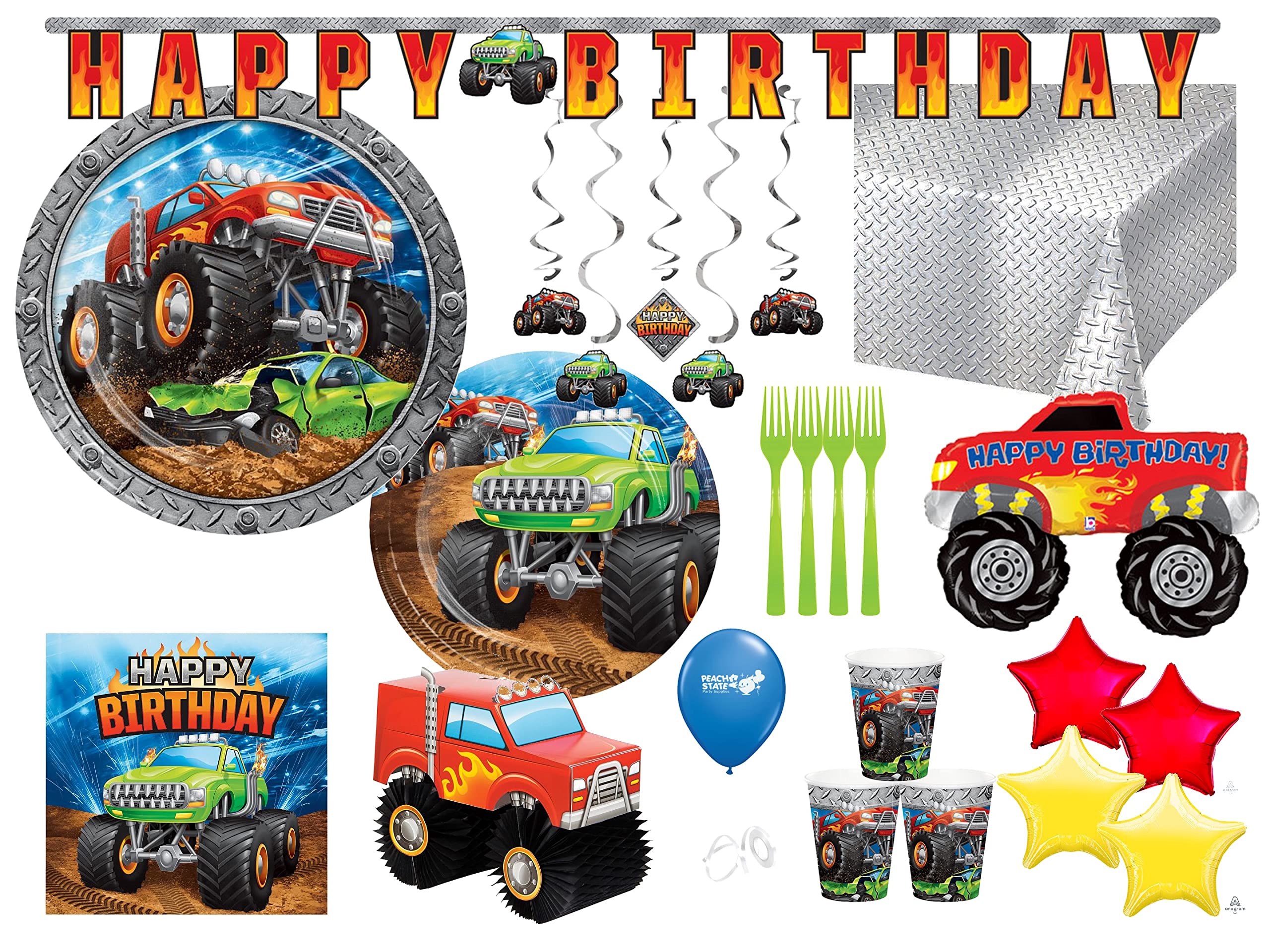 Monster Truck Party Supplies Bundle - Table Set with Decorations for 8 Guests | Kids Birthday Party Decorations, Themed Party Favors for Boys