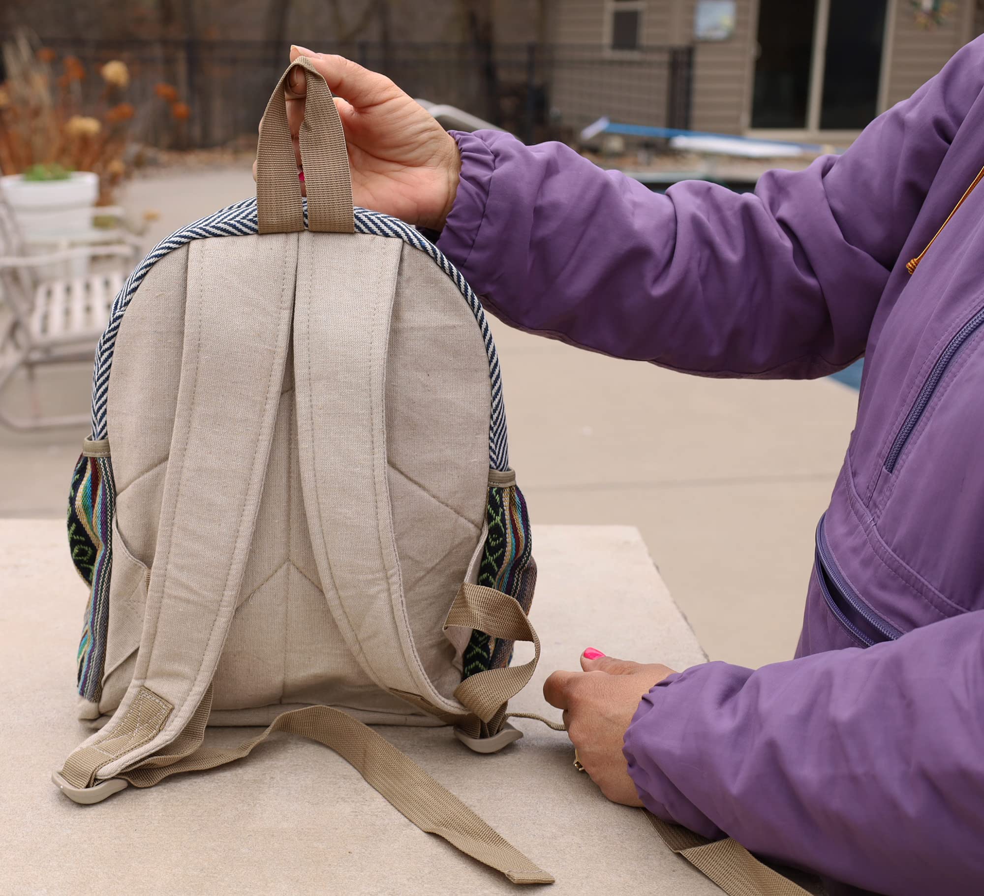 Handmade Natural Hemp Backpack for Women - Lightweight Eco-Friendly Daypack - Nepal Crafted Small Purse for Travel, Hiking & Daily Use (DAYPACK3)