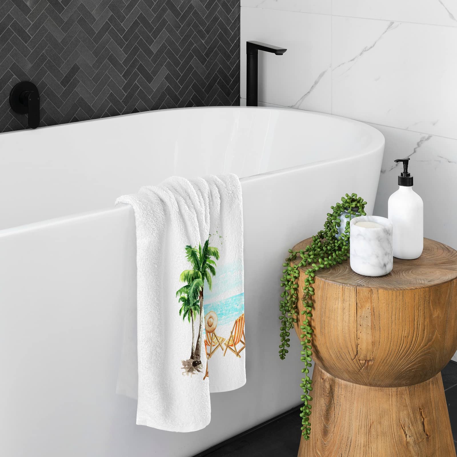 ALAZA Beach Palm Trees Bath Towels Set of 2 - 100% Cotton Soft Absorbent Hand & Face Towels 15.5x29.5 Inch for Bathroom, Kitchen & Spa - Decorative Coastal Themed Towel Set HW126
