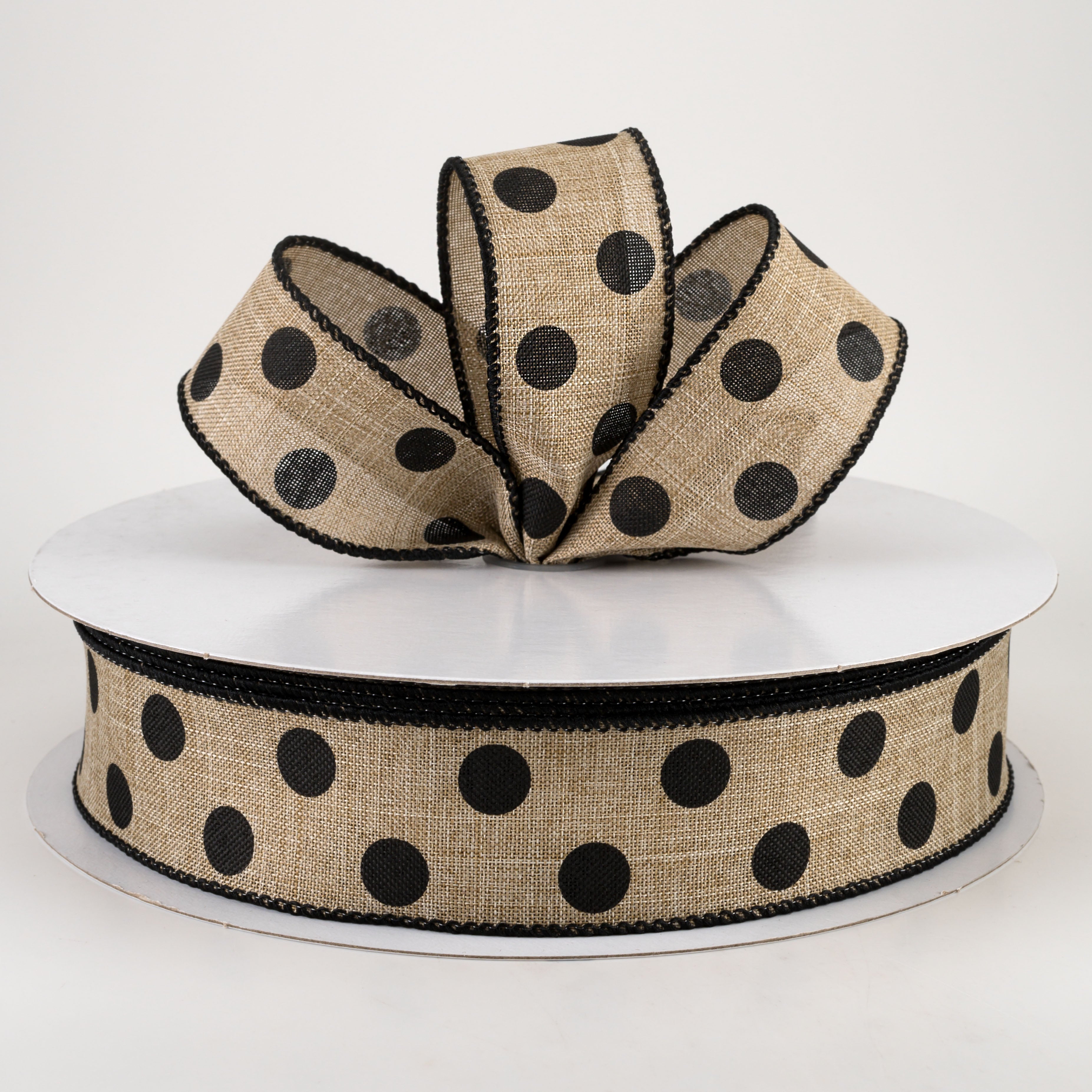 1.5 Inch Linen Polka Dot Ribbon - Black on Natural Fabric Ribbon (50 Yards) for Gift Wrapping, DIY Crafts, Wedding Decorations and Hair Bows