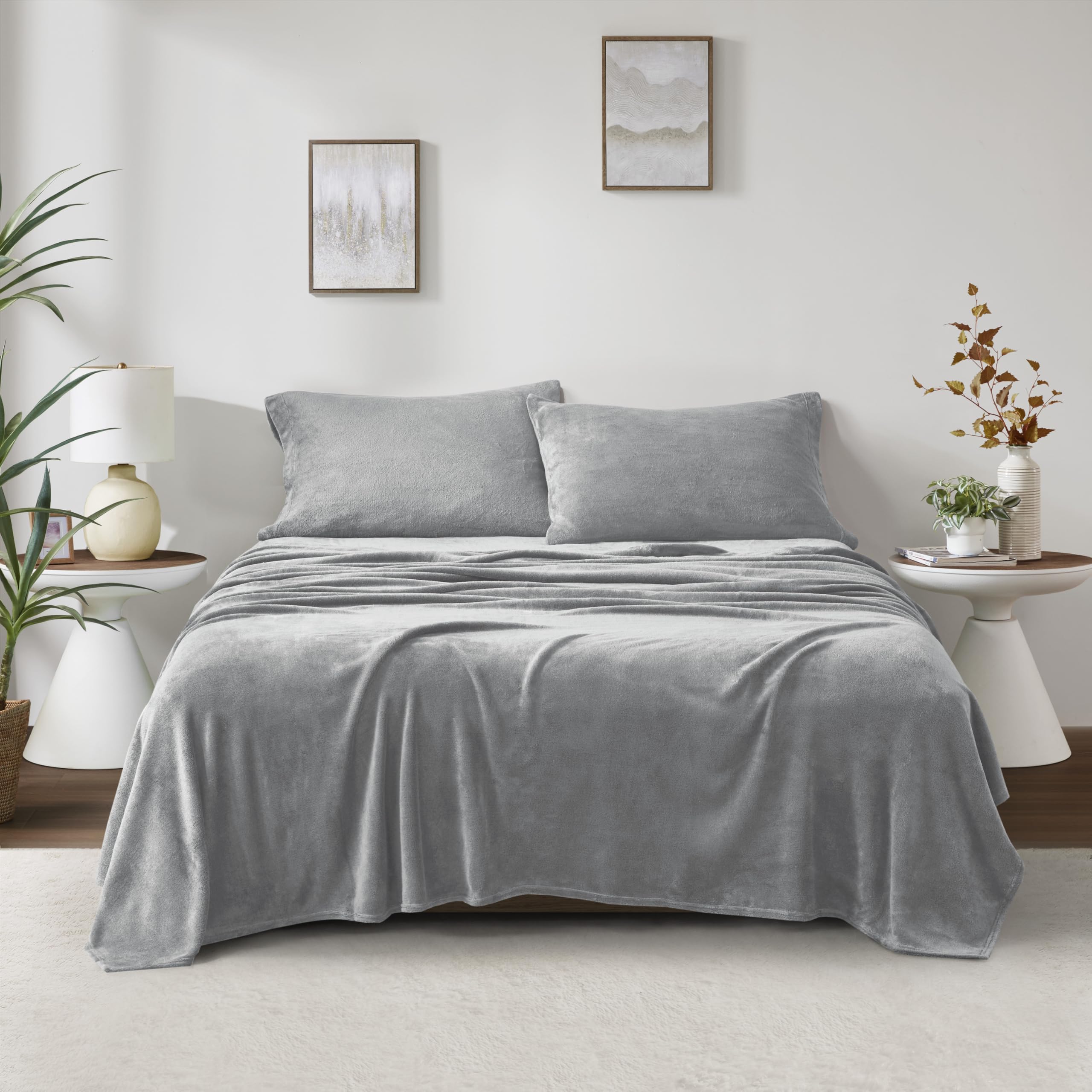 True North by Sleep Philosophy 4-Piece Plush Sheet Set - Queen Size, Solid Grey, Ultra Soft & Warm Bedding, Deep Pocket Fits 16