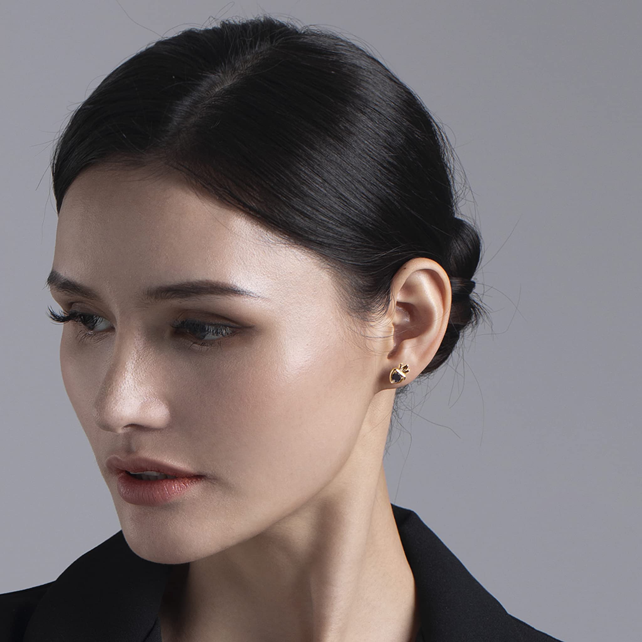 Black Diamond Heart Stud Earrings - Dainty Gold Stackable Small Earrings - Black Tourmaline April Birthstone Alternative - Multiple Piercing Jewelry for Everyday Wear & Special Occasions