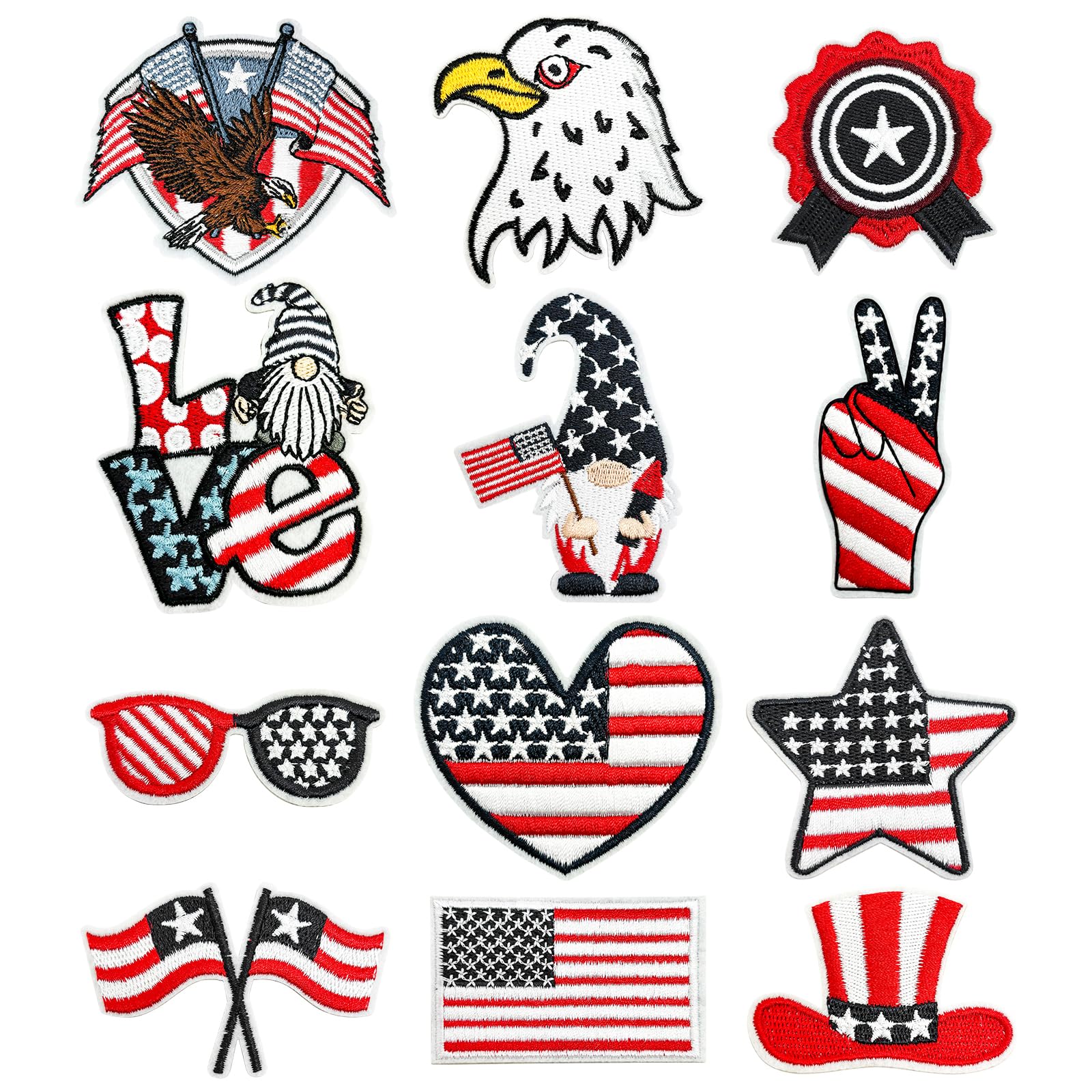 12Pcs 4th of July Iron On Patches - American Flag Patriotic Embroidered Appliques for Clothing, Hats, Jeans & Backpacks | Independence Day Decorations & DIY Craft Supplies for Festive Celebrations