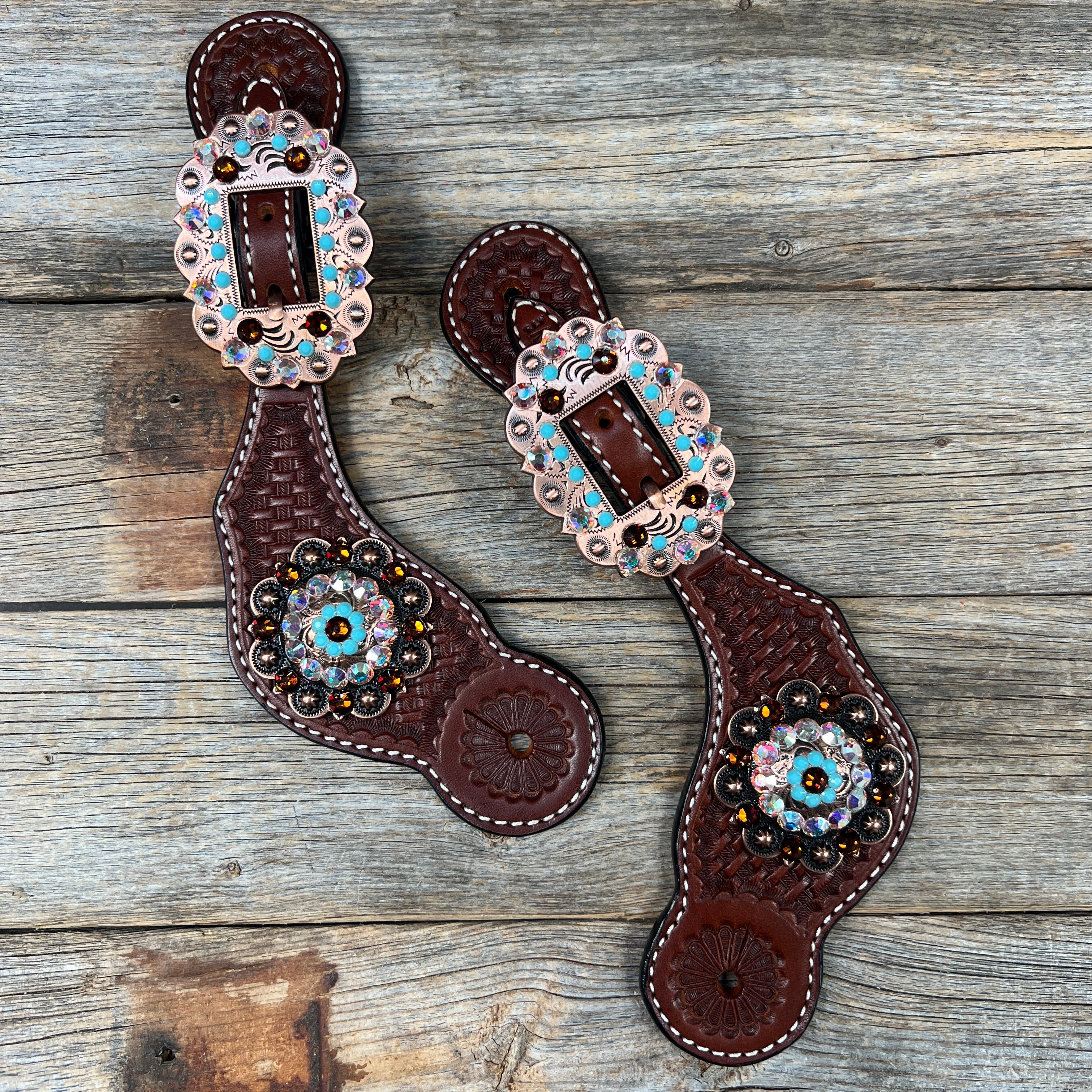 Premium Basketweave Spur Straps with Copper Conchos - Western Horse Riding Gear for Cowboy Boots & Equestrian Accessories (Model #SS104) | Perfect for Rodeo, Ranch Work & Country Fashion
