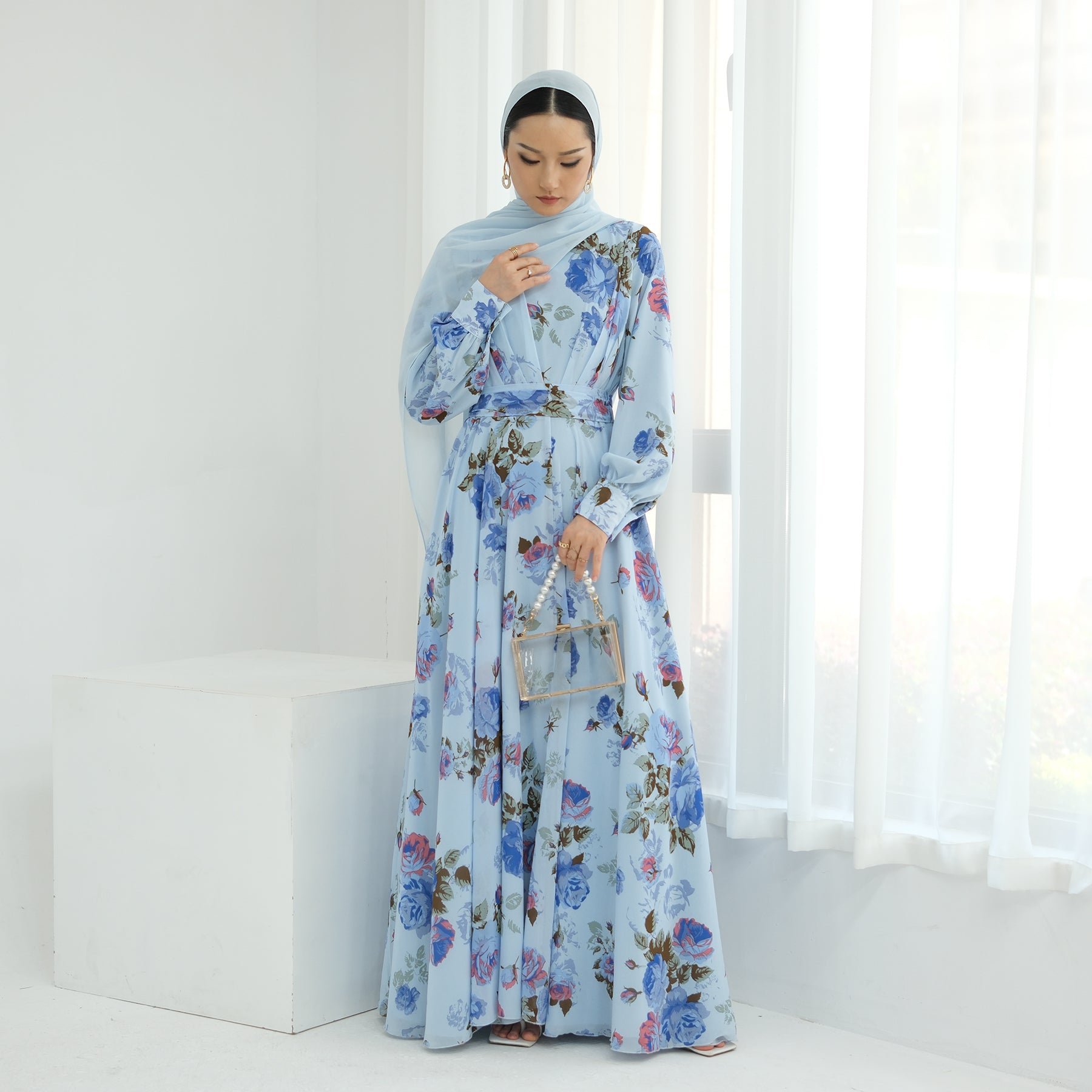 Elegant Gardenia Floral Maxi Dress in Blue & Pink - Perfect for Summer Weddings, Beach Vacations & Boho Chic Outfits