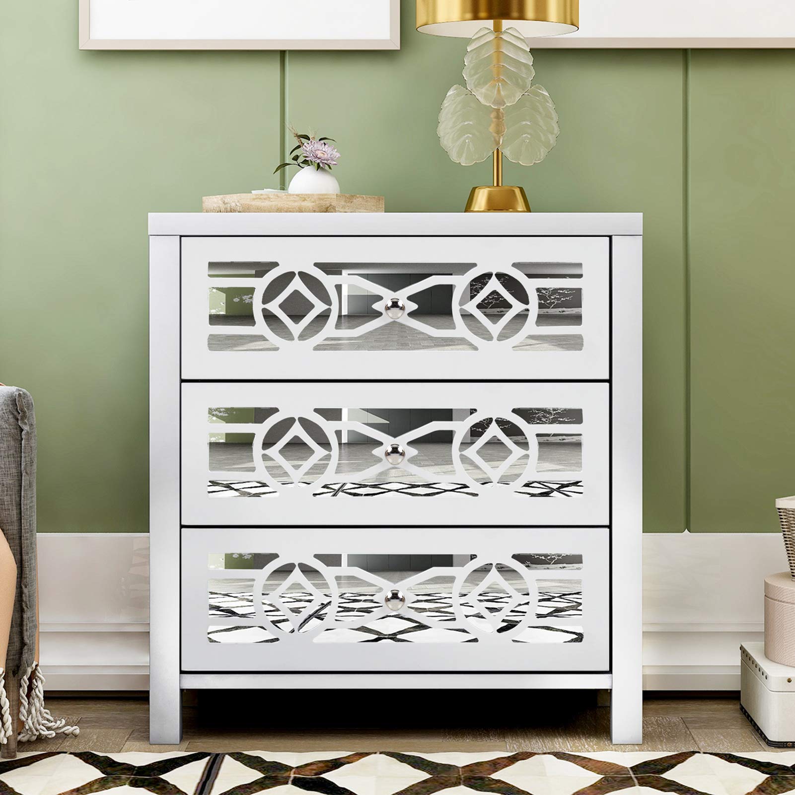 VEAREAR White Wooden Bathroom Floor Cabinet with 3 Drawers & Decorative Mirror - 26
