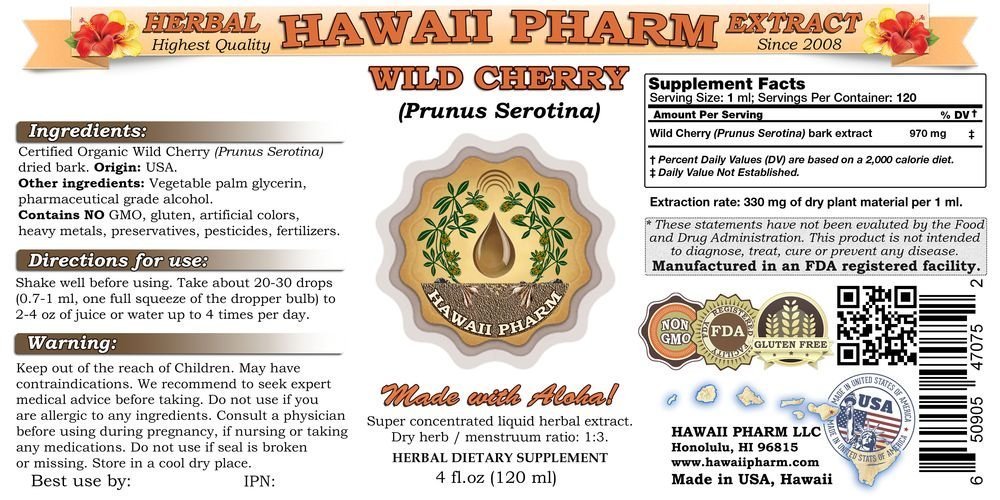 HawaiiPharm Wild Cherry (Prunus serotina) Liquid Extract - 2 fl oz (59ml) - Alcohol-Free Herbal Supplement for Cough Relief & Immune Support - Perfect for Tea, Smoothies, or Direct Use