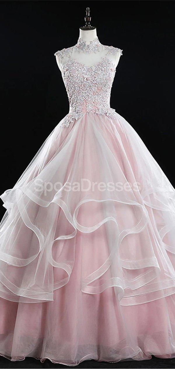 Elegant Pink High Neck Lace Beaded Ruffle Long Evening Prom Dress for Women - Formal Gown for Party, Homecoming, Wedding, Ball & Special Occasions