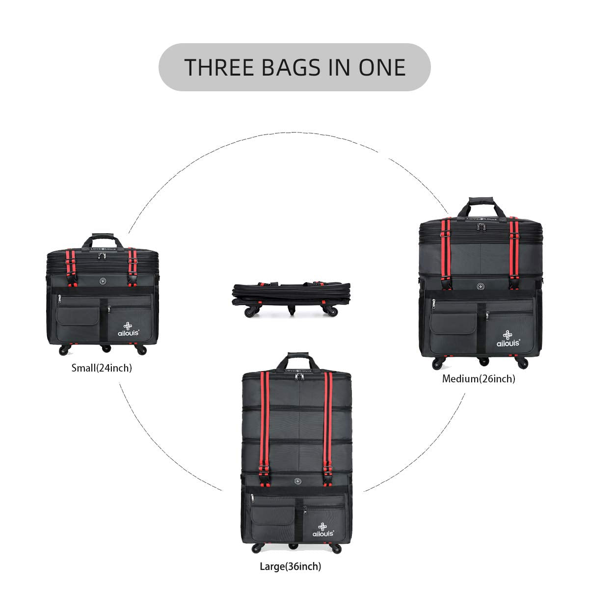 Ailouis Expandable Extra Large Wheeled Travel Duffel Luggage Bag 36 Inch - Waterproof Durable Suitcase for Airplane, Cruise, Camping & Outdoor Adventures