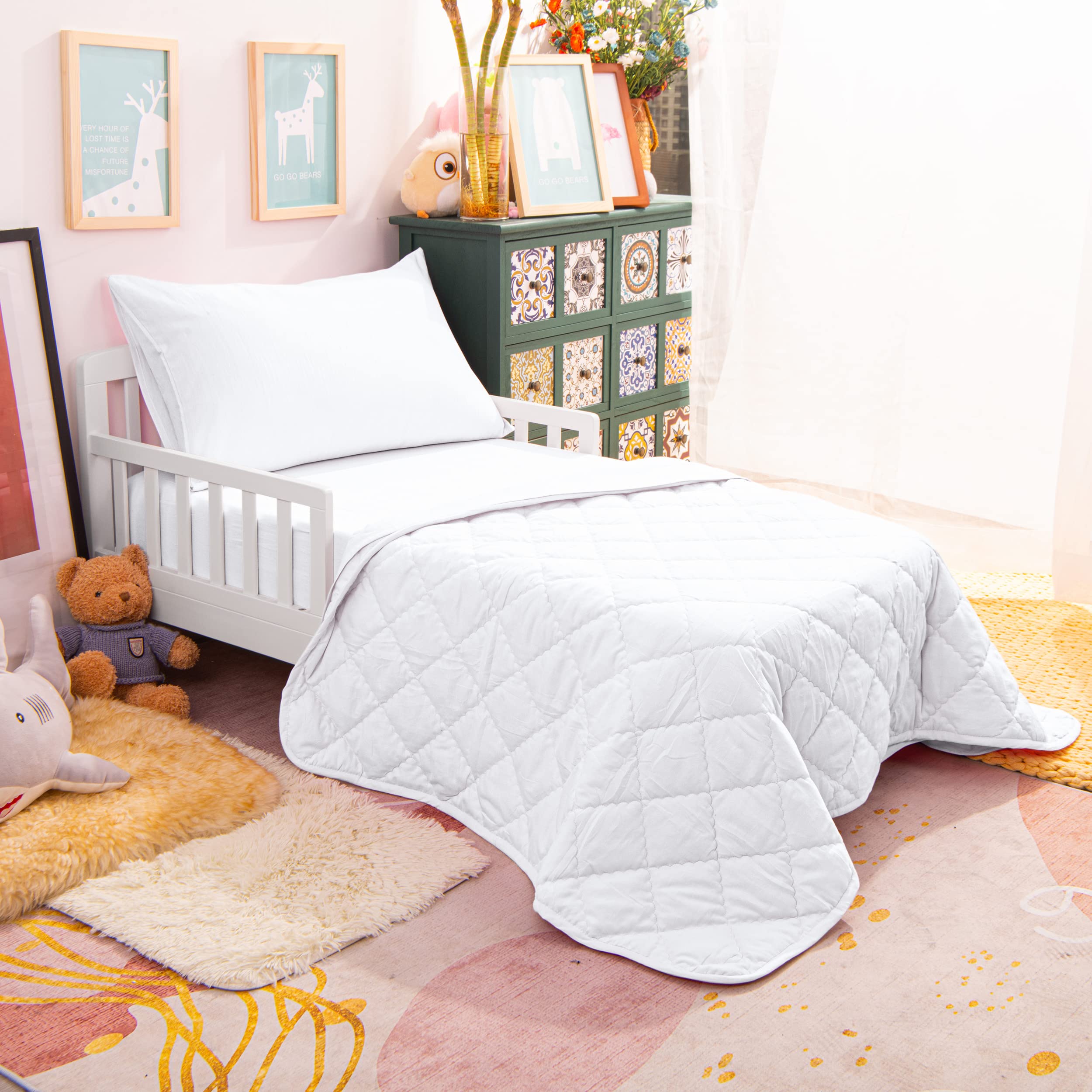 NTBAY 4-Piece Toddler Bedding Set - Soft & Breathable Crib Bedding for Boys & Girls, Includes Quilted Comforter, Fitted Sheet, Flat Sheet & Pillowcase, White - Perfect for Nursery, Daycare or Travel