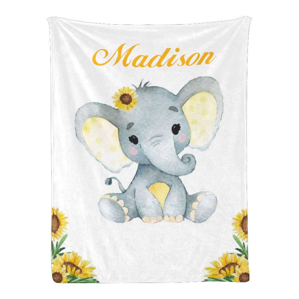 Personalized Kids Fleece Blanket with Name - Custom Elephant Baby Floral Throw Blanket for Bed (30