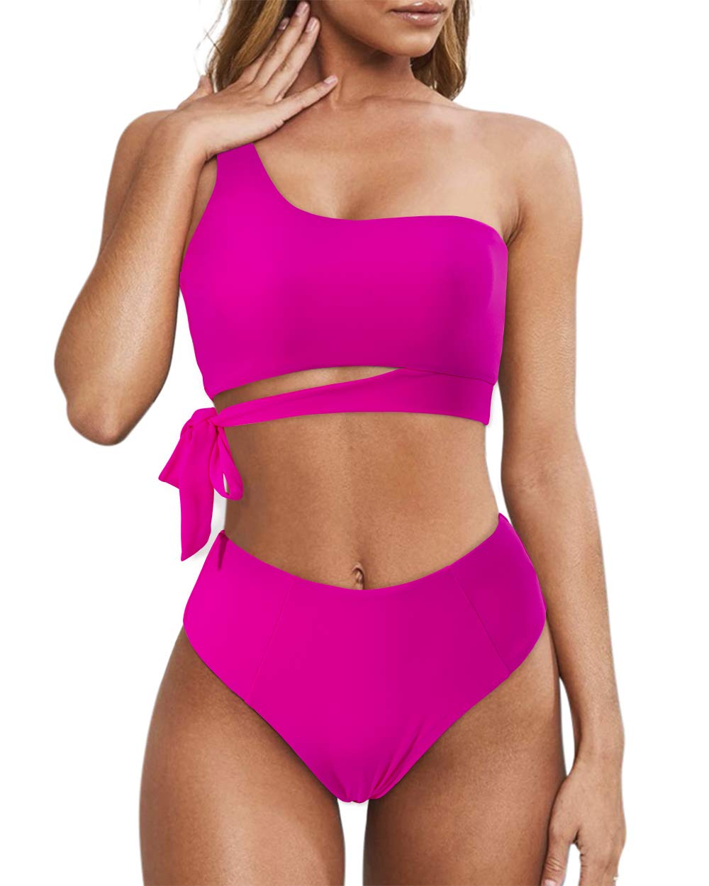 MOOSLOVER Women's Sexy One Shoulder High Waisted Bikini Set - Tie Side High Cut Two Piece Swimwear for Beach, Pool Party & Vacation