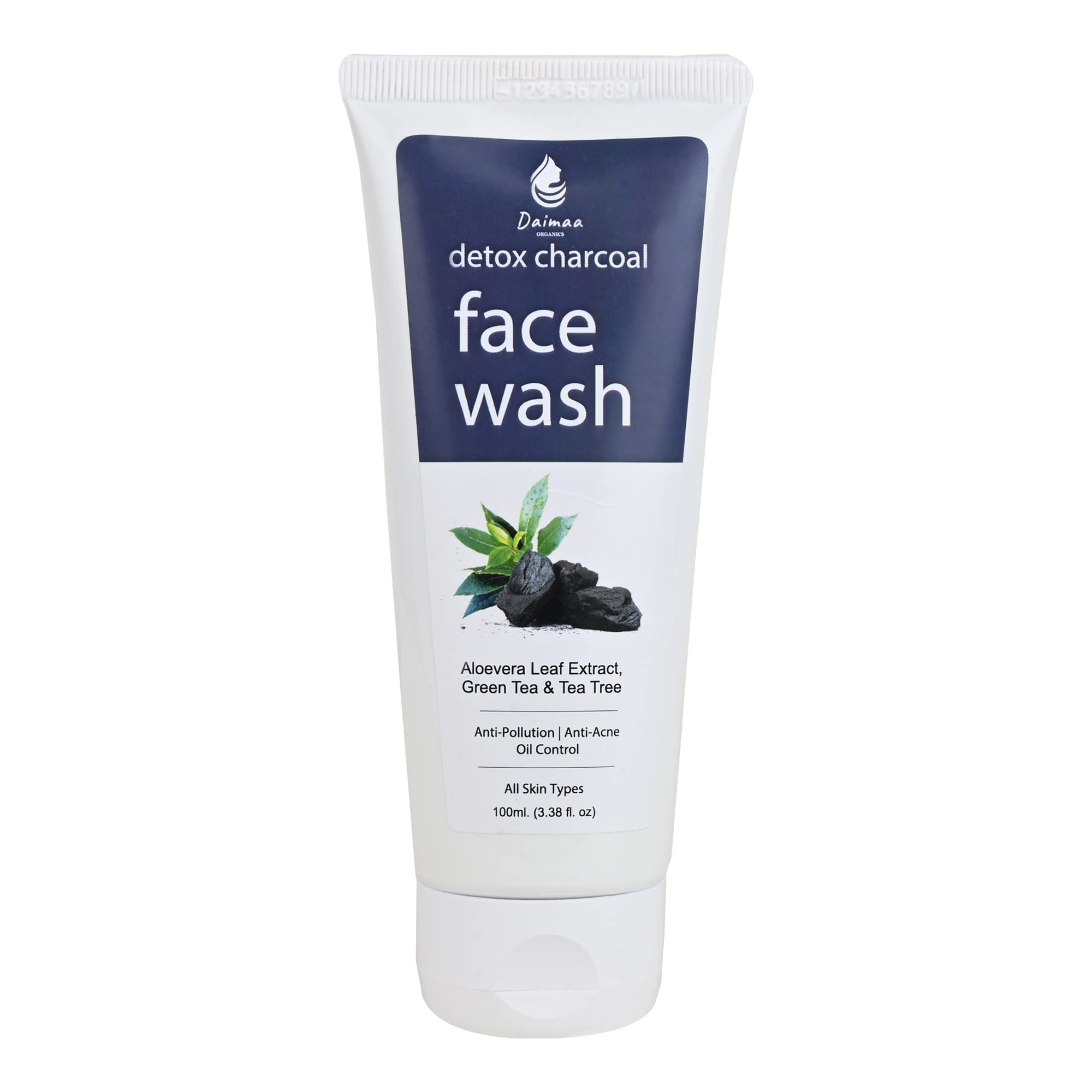Daimaa Organics Detox Activated Charcoal Face Wash with Vitamin C, Green Tea & Tea Tree Oil - Anti Acne, Oil Control & Pollution Protection for Men & Women - 100ml - Perfect for Daily Skincare & Deep Cleansing Routine
