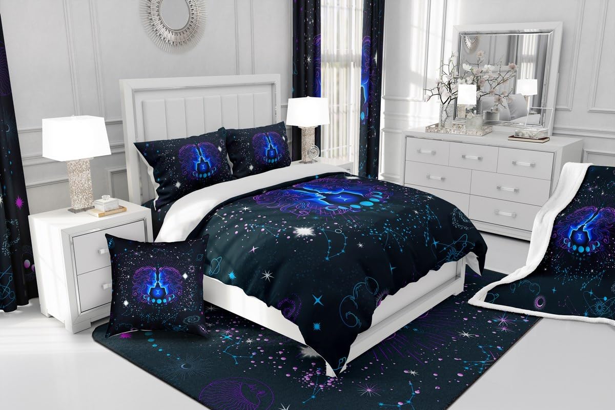 Gemini Zodiac Bedspread Set - Queen Size Trippy Cosmos Quilt & Pillowcases for Psychedelic Bedroom Decor