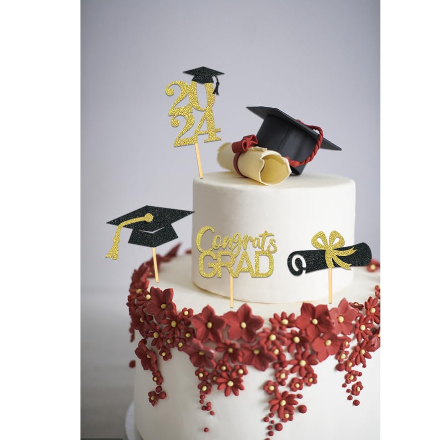 24Pcs Graduation Cupcake Toppers - Class of 2024 Gold Cupcake Picks for Food Decorations | Perfect for Graduation Parties, School Celebrations & Dessert Decor