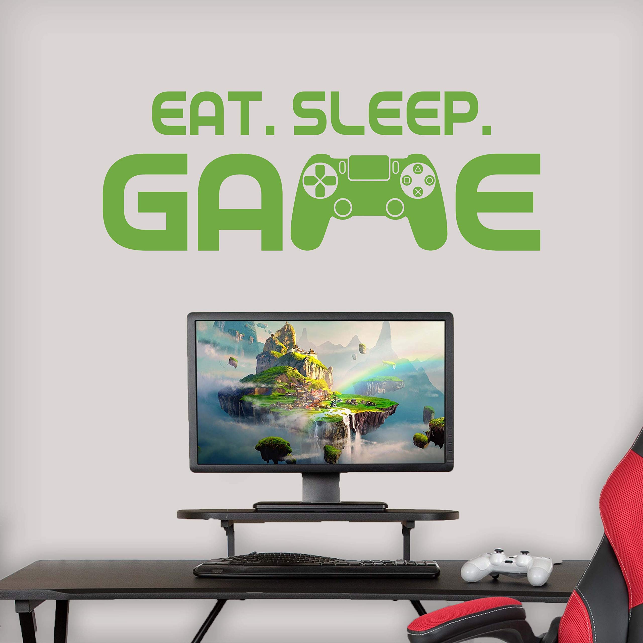 Vinyl Quote Me Eat Sleep Game Wall Decal Stickers - Boys Gaming Room Decor, Video Game Wall Decals (55x20 Inches, Light Green) - Perfect for Gamer Bedroom, Man Cave & Esports Setup