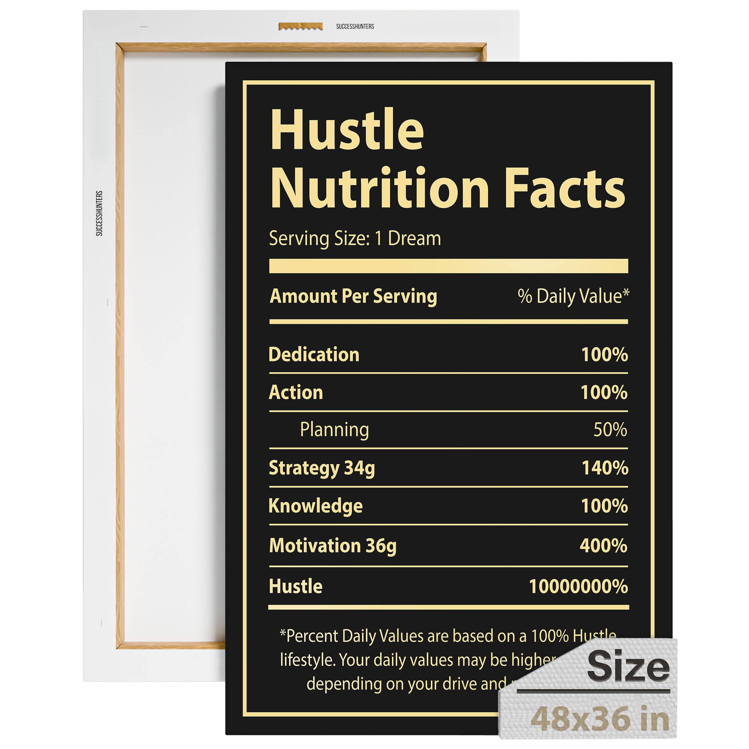 Hustle Nutrition Facts Motivational Wall Art - 48x36 Inch Inspirational Office & Bedroom Decor - Success Quote Canvas Poster for Home, Gym & Workspace Motivation