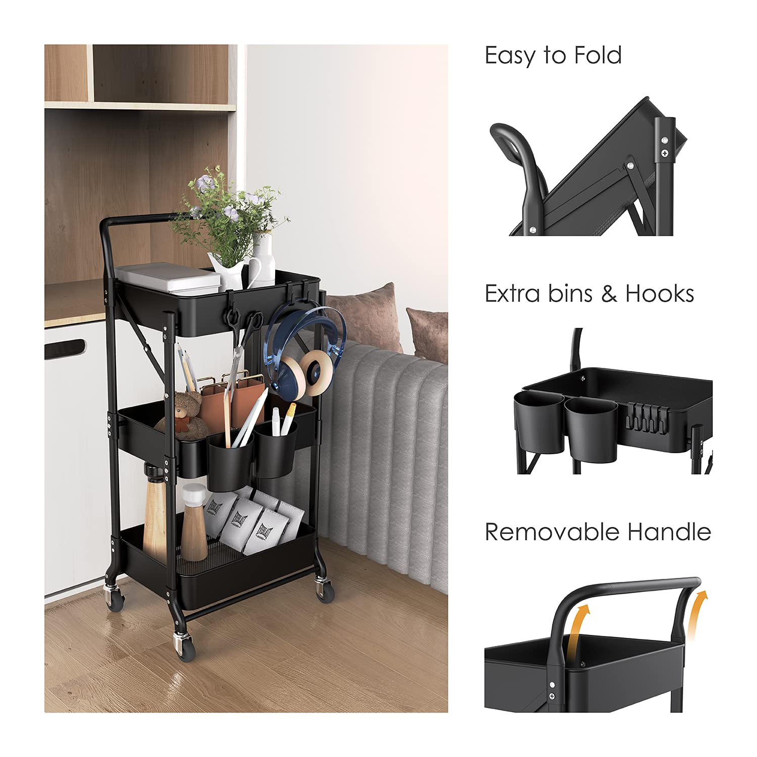 DTK 3-Tier Foldable Metal Rolling Cart with Wheels & Handle - 3 Hanging Cups & 6 Hooks Storage Organizer - Collapsible Utility Cart for Kitchen, Bathroom, Office (Black) | Perfect for Organizing Spices, Toiletries, or Office Supplies