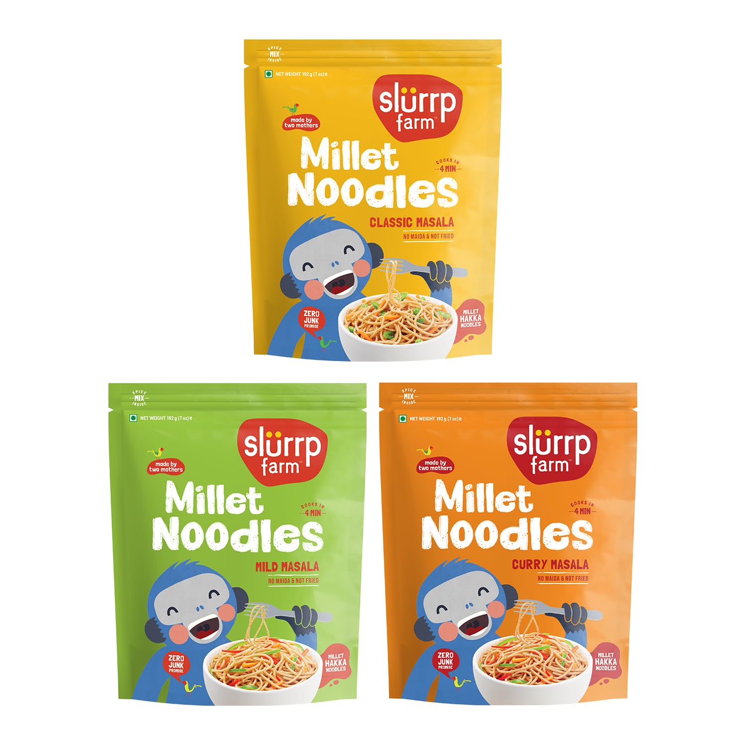 Slurrp Farm No Maida Hakka Noodles Combo – 3 Pack (192g Each) | Non-Fried, MSG-Free, Classic, Mild & Curry Masala Millet Noodles | Perfect for Quick Meals, Healthy Snacks & Asian Cuisine