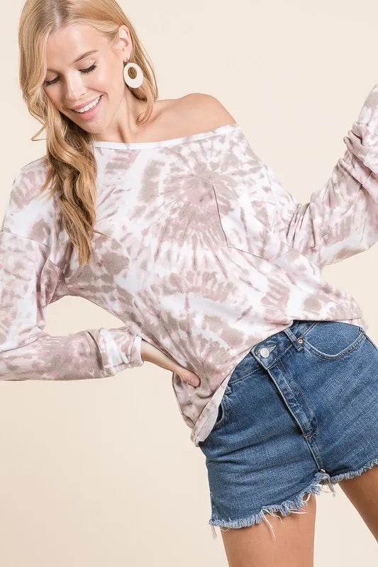Bibi Tie Dye Print Terry Top With Front Patch Pocket - Mauve/Taupe Women's Fashion | Casual Wear, Beach Outfit, Summer Style