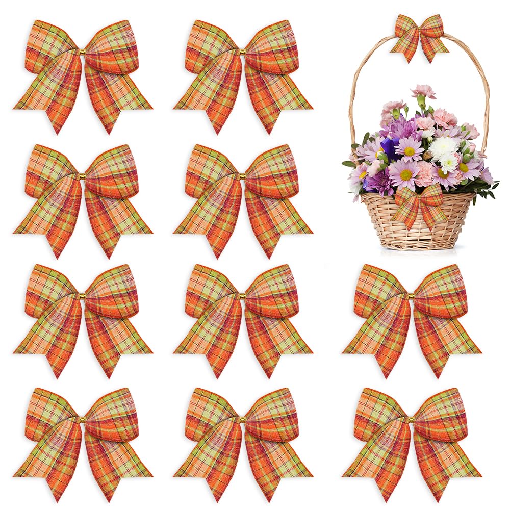 ABTOLS 10-Piece Fall Wreath Bows Set - Orange Buffalo Plaid Burlap Bows for Autumn Wreaths, Front Door Decor, Vintage Farmhouse Christmas Tree Bows - Perfect for Thanksgiving, Halloween, and Holiday Indoor/Outdoor Decoration