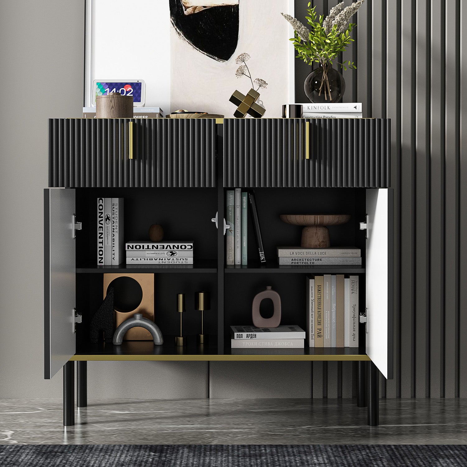 Black Wide Sideboard Buffet Storage Cabinet with Drawers & Pop-Up Doors - Perfect for Dining Room, Living Room, and Kitchen Organization