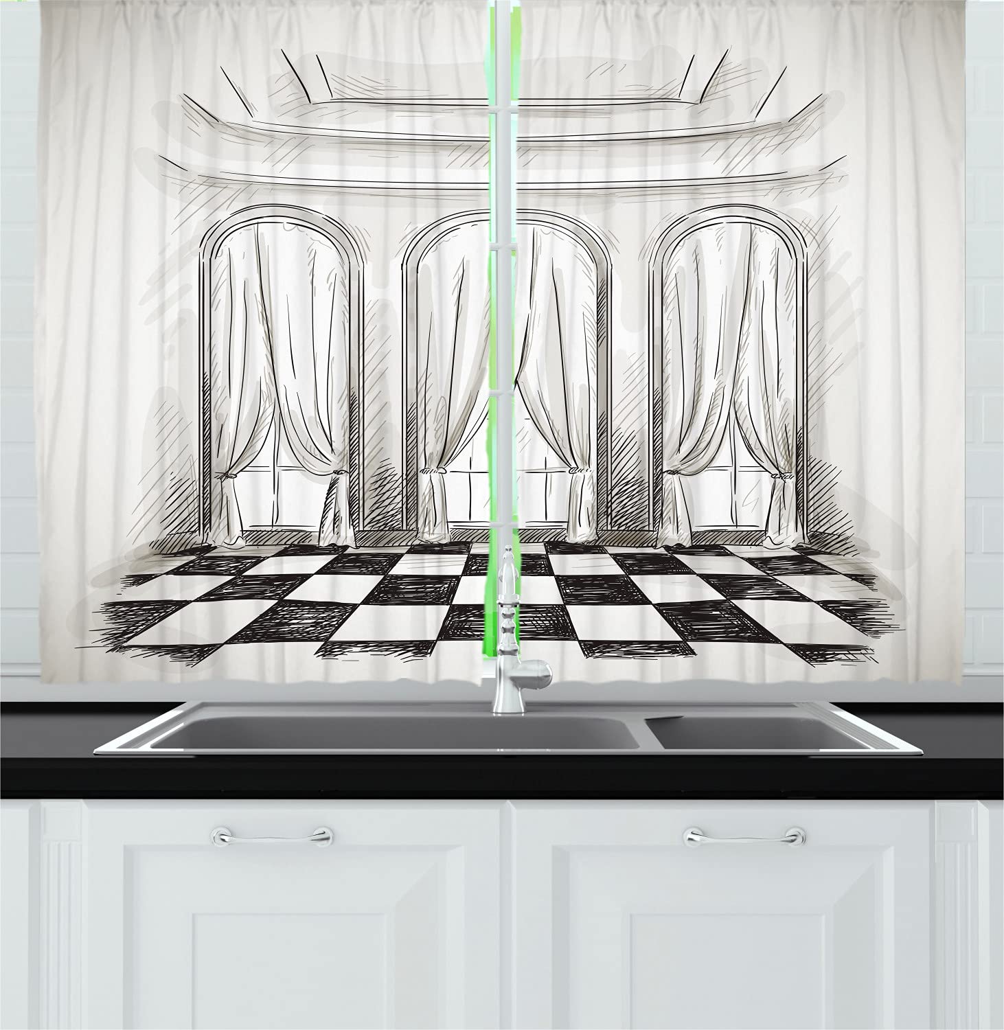 Ambesonne Antique Long Kitchen Curtains - Classic Baroque Sketch Design for Parlor, Ballroom & Castle Decor - 55