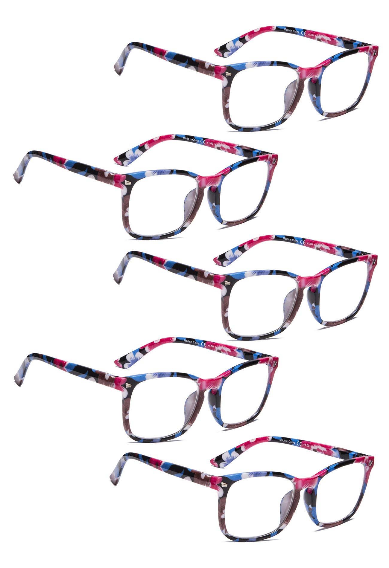 LUR Reading Glasses 5 Pack - Stylish Women's Readers with Spring Hinge & Lightweight Frames - Perfect for Reading, Crafting & Computer Work
