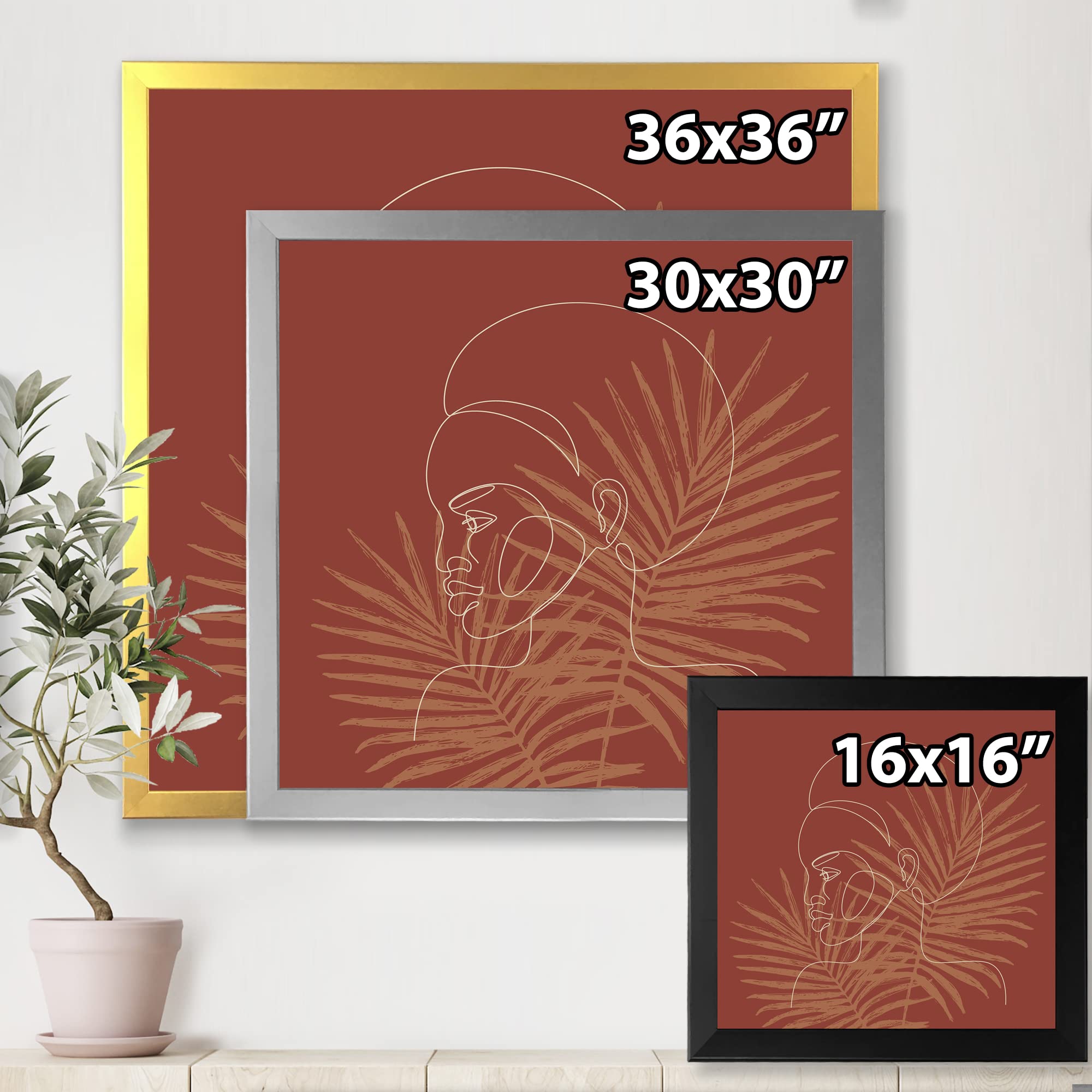 DesignQ Modern Framed Wall Art - Silhouette of African American Girl on Tropical Palm Leaves - Perfect for Living Room, Bedroom & Office Decor