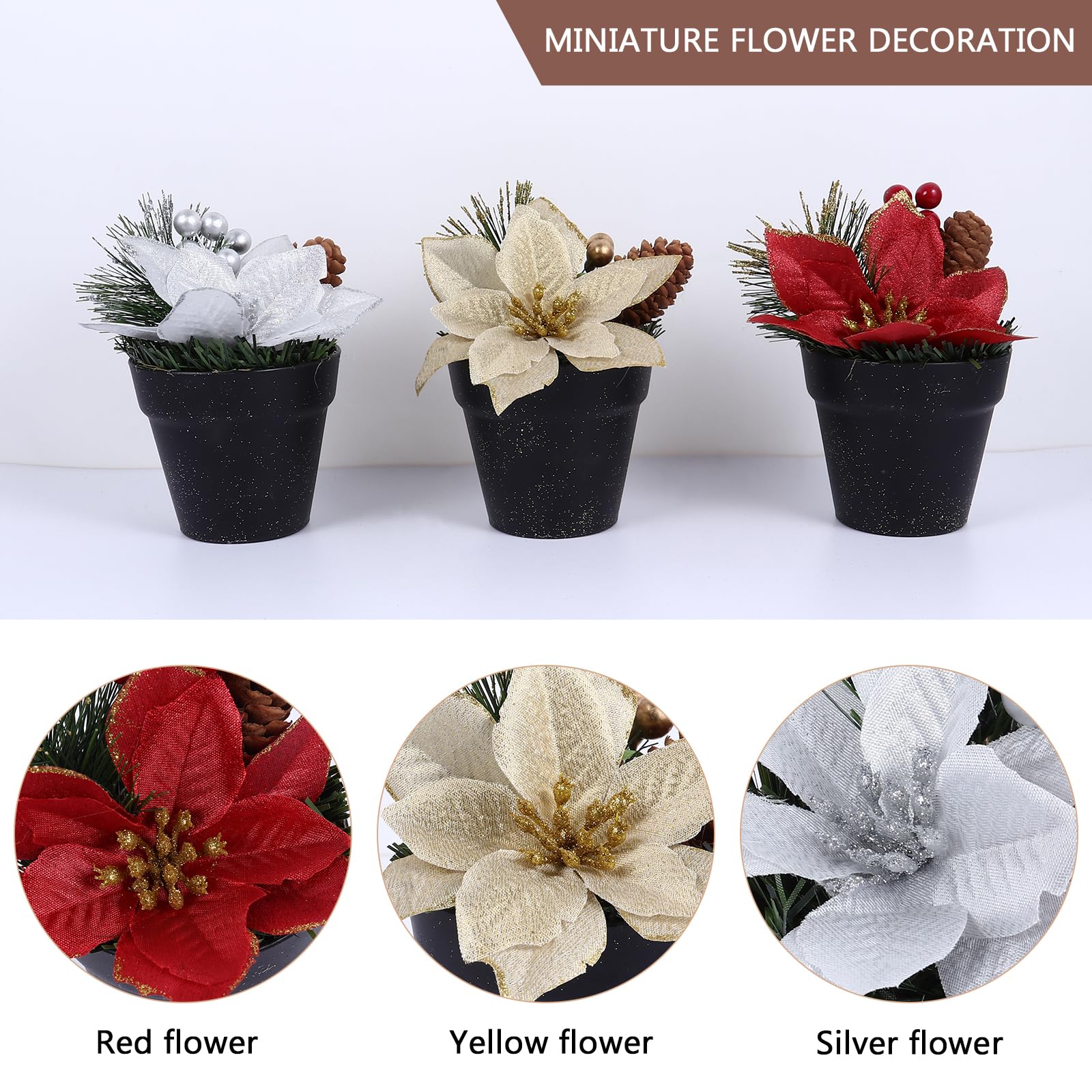Amosfun 3 Pack Christmas Poinsettias Artificial Flowers in Pots - Realistic Desktop Plants for Home, Office, Garden Decor | Farmhouse Holiday Party Centerpiece, Tabletop & Seasonal Decoration
