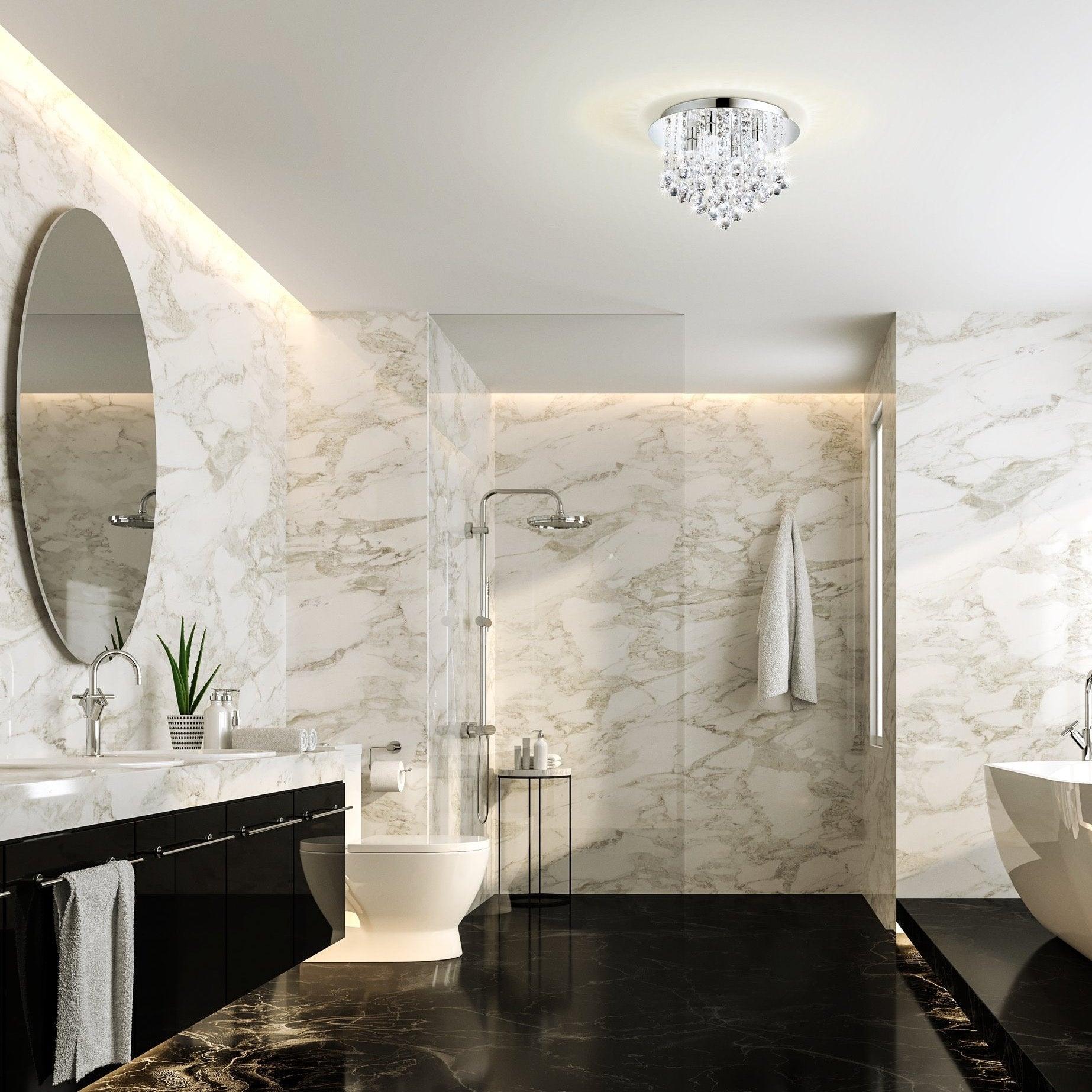 Eglo Almonte Chrome & Clear Crystal Glass Flush Mount Bathroom Ceiling Light Fixture - Modern Vanity Lighting for Bath, Powder Room & Hallway