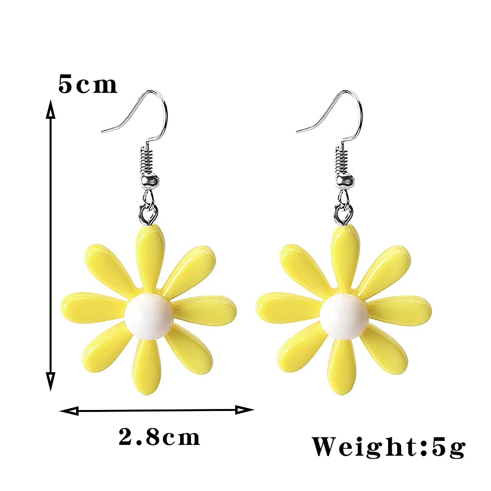 Yellow Acrylic Daisy Flower Earrings for Women - Dangle Wild Lily Petals Hawaiian Style Jewelry | Perfect for Summer, Beach Vacations & Boho Fashion