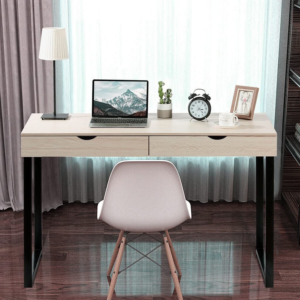DOMENRY Modern Home Office Desk with 2 Drawers - Sturdy Writing Study Table for Laptop & Computer Work - Simple White PC Desk for Small Spaces - Perfect for Remote Work, Online Classes & Home Office Setup (One Size)