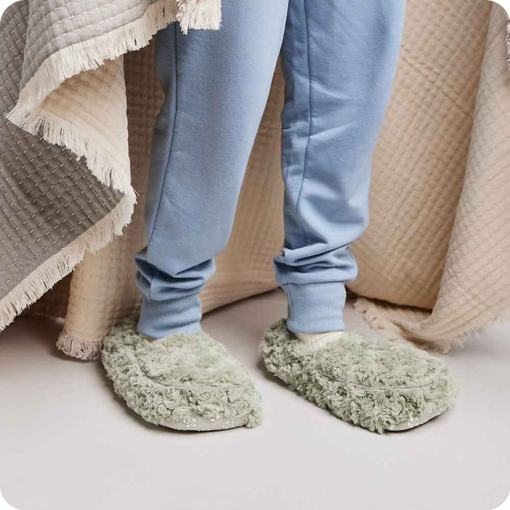 Cozy Sage Green Curly Slippers for Women & Men - Warmies® Plush House Shoes - Perfect for Winter, Lounging & Home Comfort