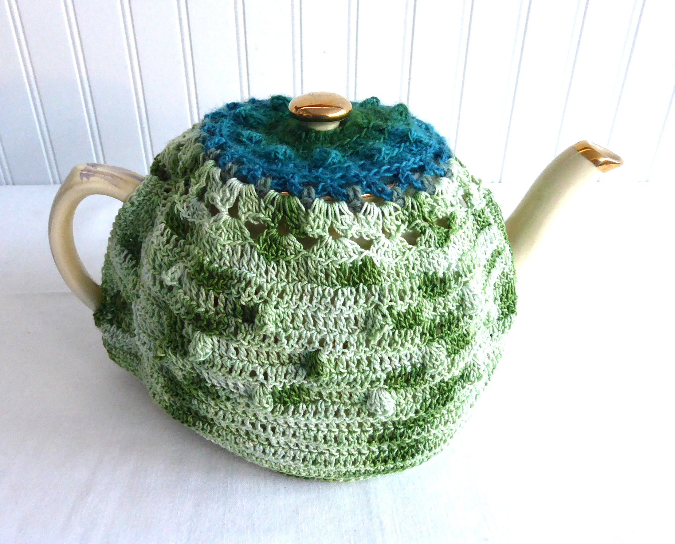Handmade Crocheted Tea Cozy - Teal & Green Heather Artisan Knit - Medium Stretchy Fit - Perfect for Teapots & Coffee Pots - US Crafted Cozy for Tea Time & Kitchen Decor