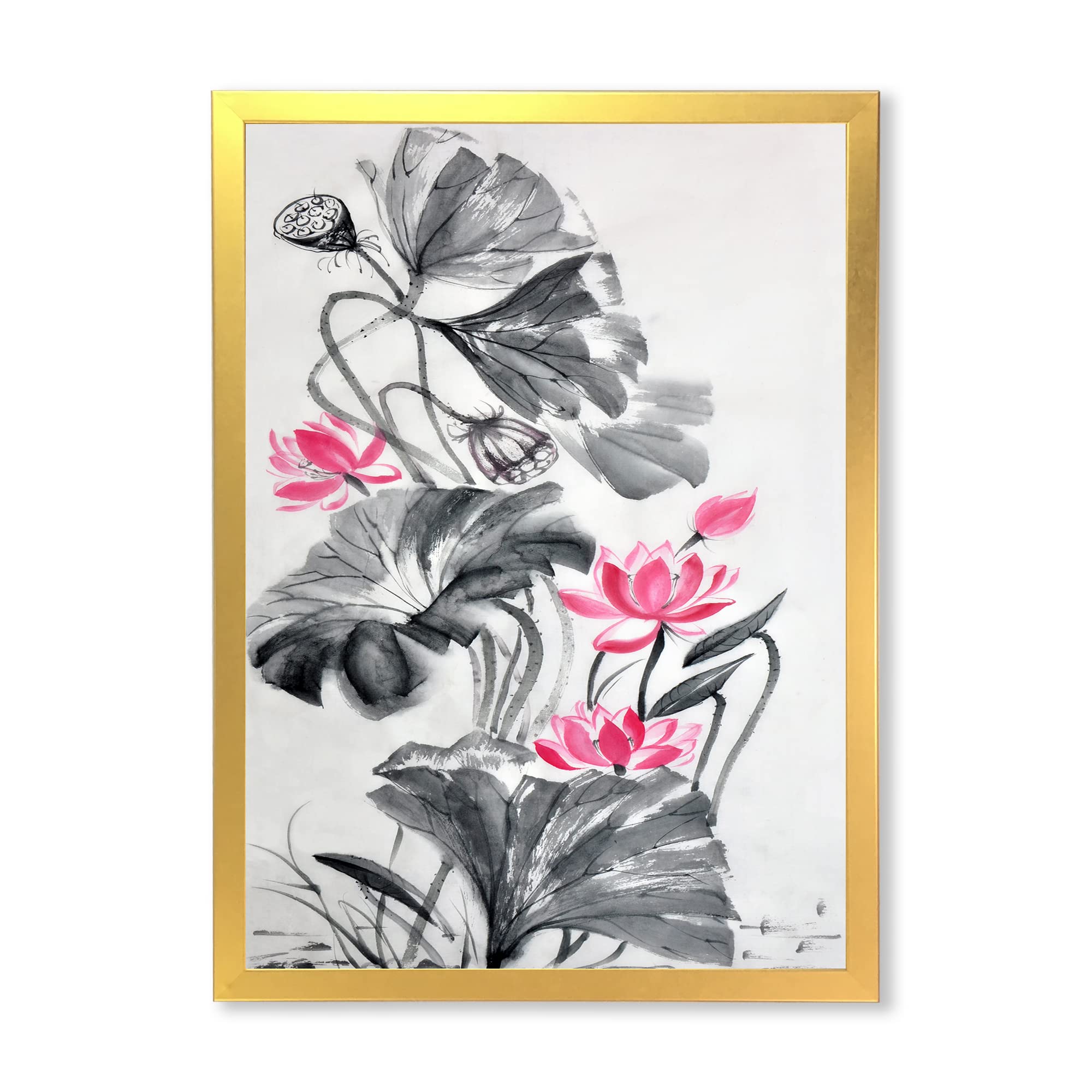 Vintage Pink Lotus Flower Framed Wall Art - Traditional Asian Home Decor for Living Room, Bedroom & Office
