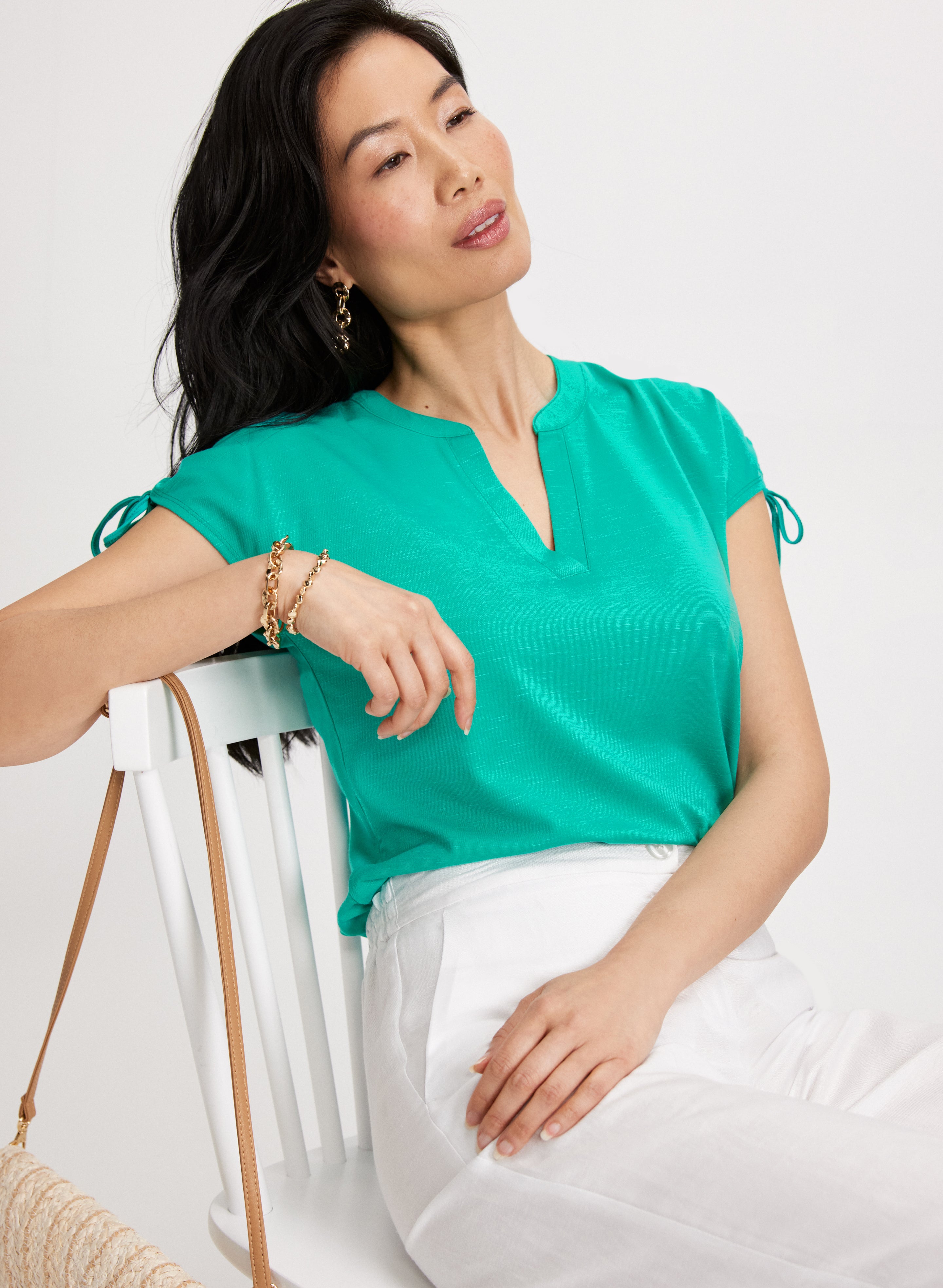 Drawstring V Neck Tee for Women - Soft Cotton Casual T-Shirt with Adjustable Neckline | Perfect for Summer, Yoga, and Everyday Wear