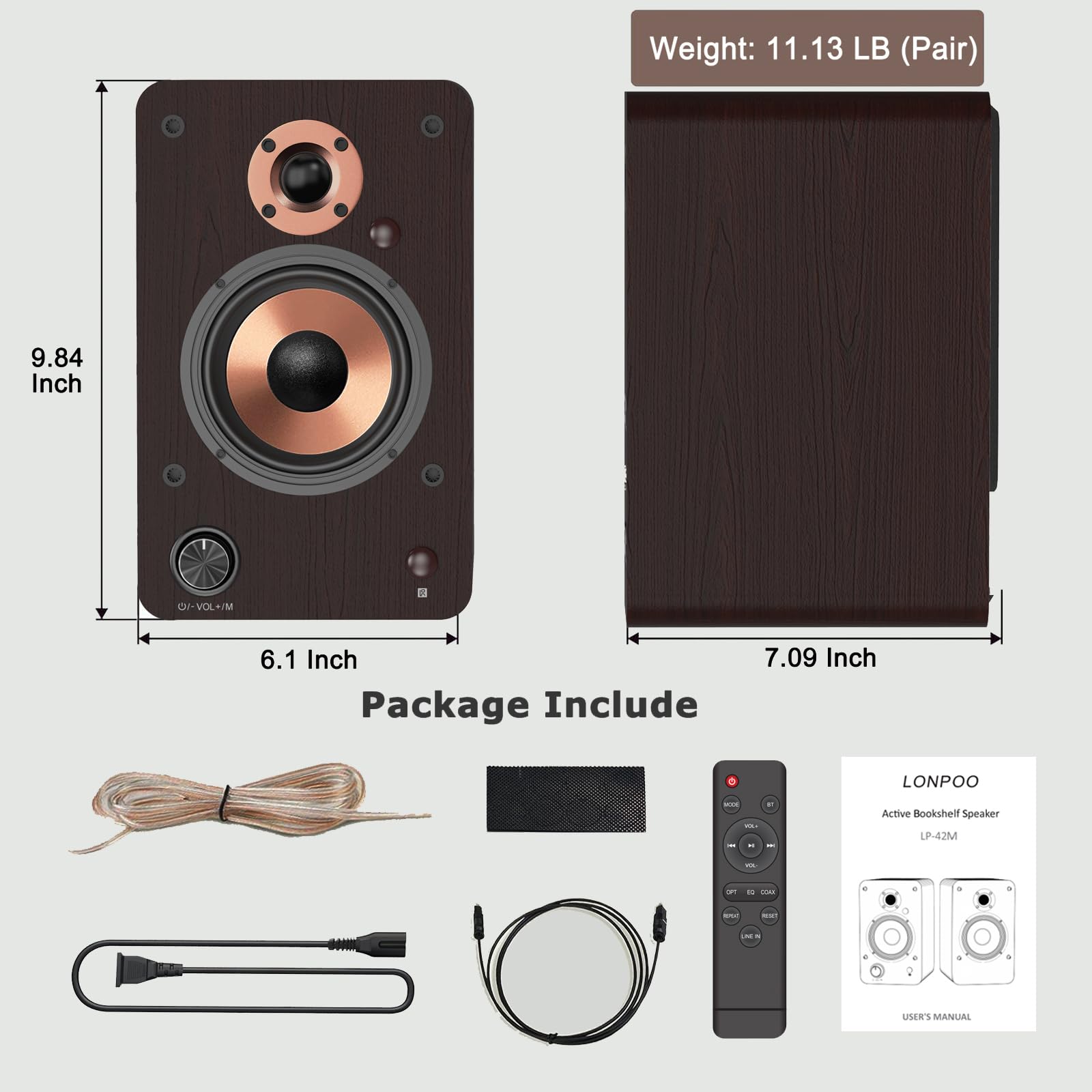 LONPOO 100W Bluetooth Bookshelf Speakers with 4'' Aluminum Woofer - Wireless Audio System for Home Theater, Gaming & Music | Supports RCA, Optical, Coaxial, USB, AUX Input for TV, PC, Turntable (LP-42M, Brown) - Perfect for Living Room, Bedroom & Office Entertainment