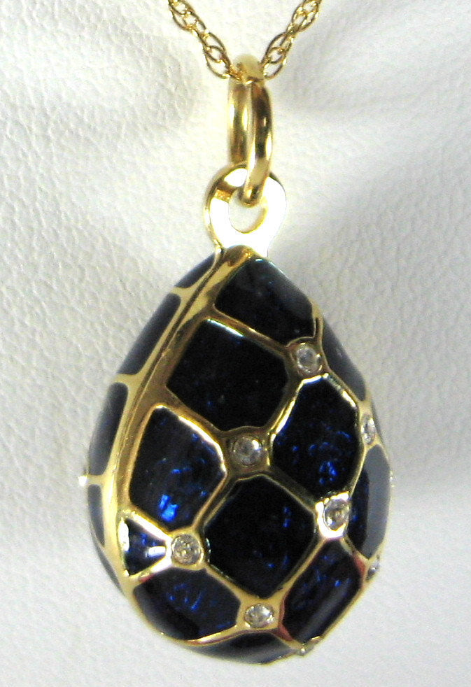Vintage 1967 USSR Sapphire Blue Rhinestone Easter Egg Cloisonne Enamel Necklace - Perfect for Easter Gifts, Vintage Jewelry Collectors & Unique Fashion Statements