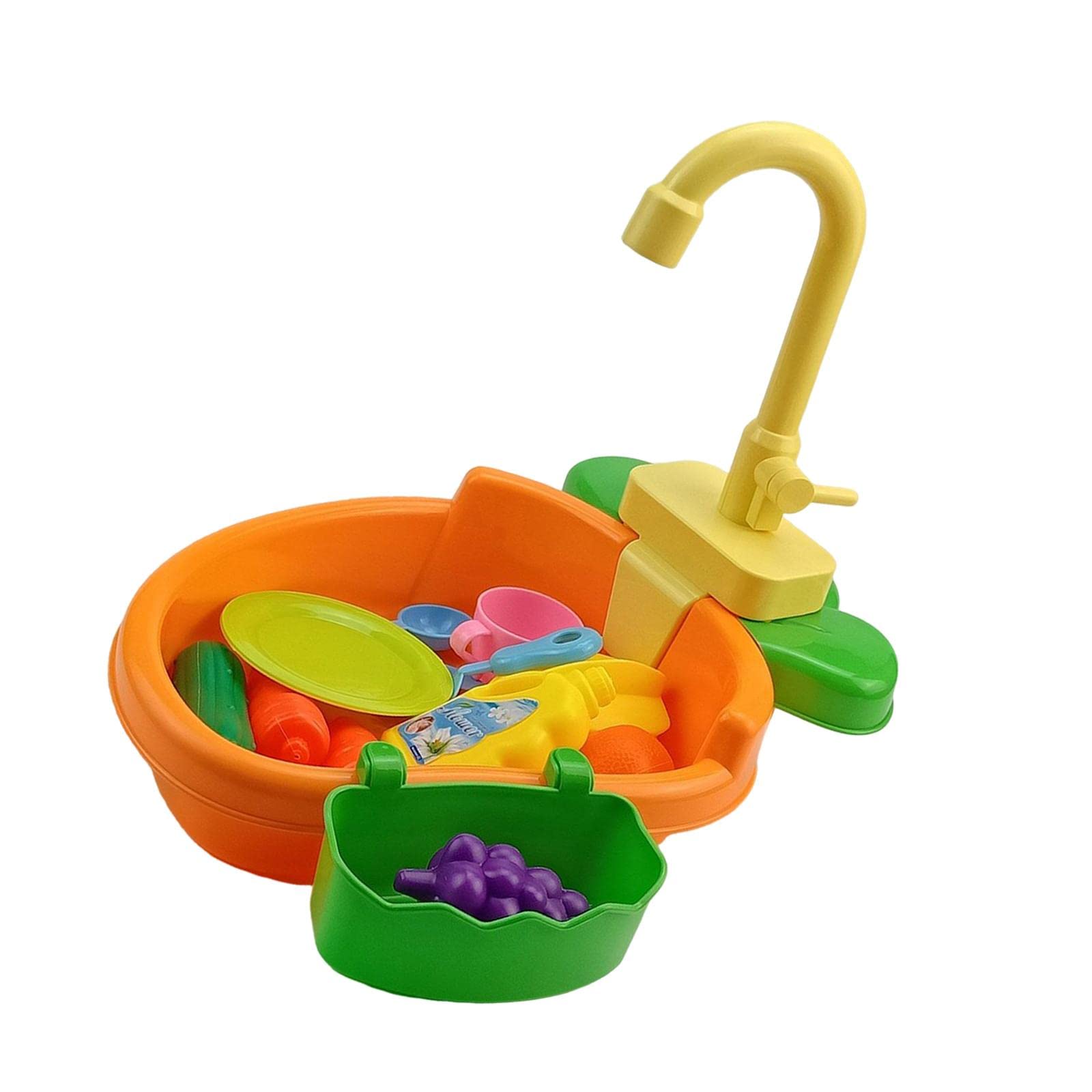 Yiju Pretend Play Kitchen Sink Toy Set with Running Water Faucet, Dishwashing Dishes & Food - Role Play Cooking Games for Kids (Orange) - Perfect for Preschool Learning & Imaginative Play
