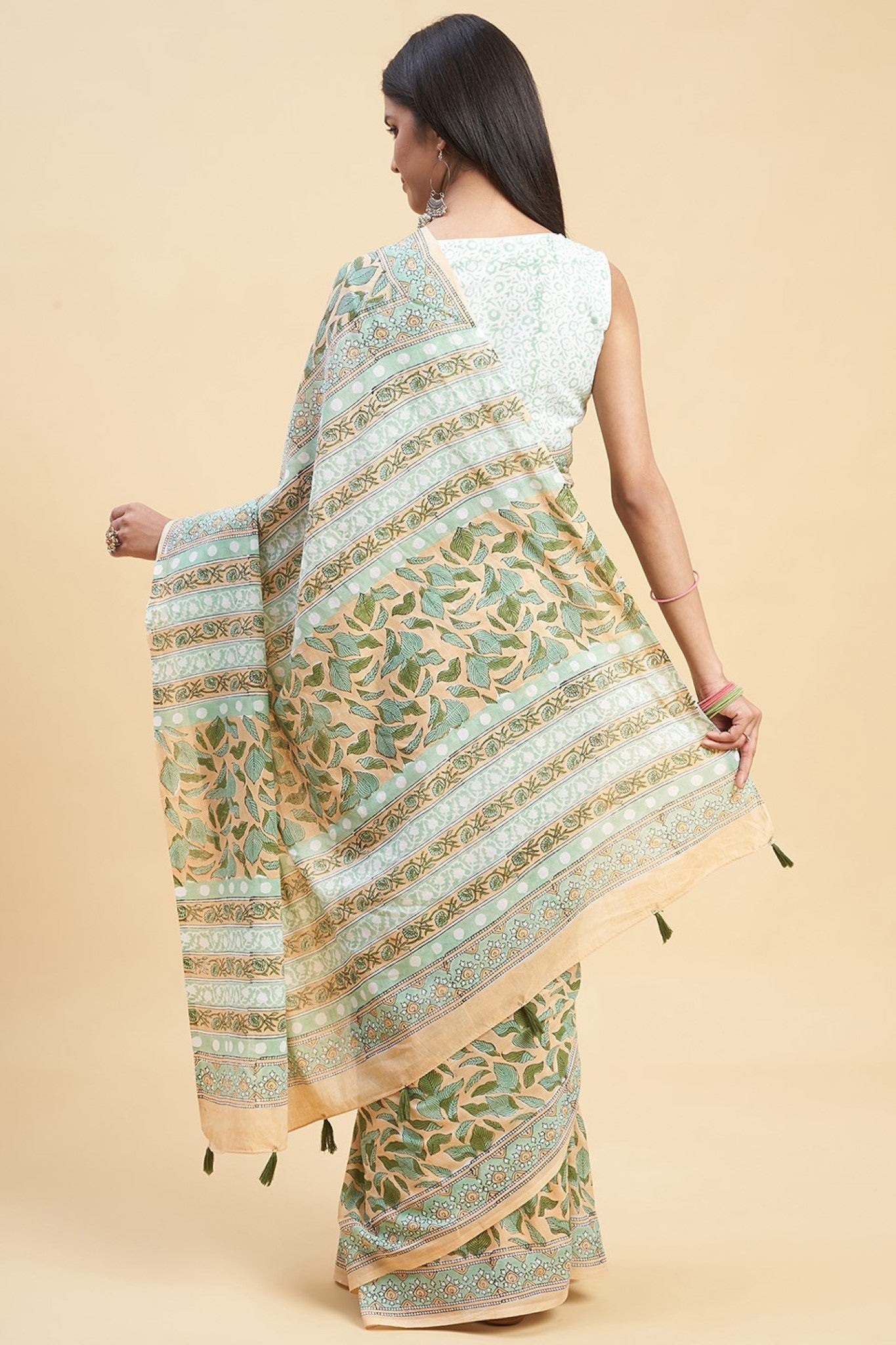 Autumn Peach Block Printed Cotton Saree - Handmade Indian Traditional Dress for Women, Perfect for Festivals, Weddings & Cultural Events