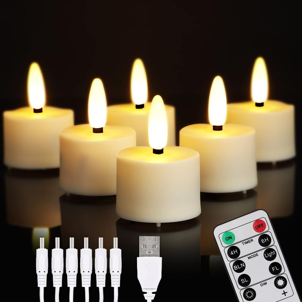 LED Rechargeable Tea Light Candles with Remote - 6 Pack Flameless Flickering Battery Operated Votive Candles with USB Charging & Timer - Perfect for Wedding Decorations, Christmas Parties, Romantic Dinners & Home Ambiance Lighting