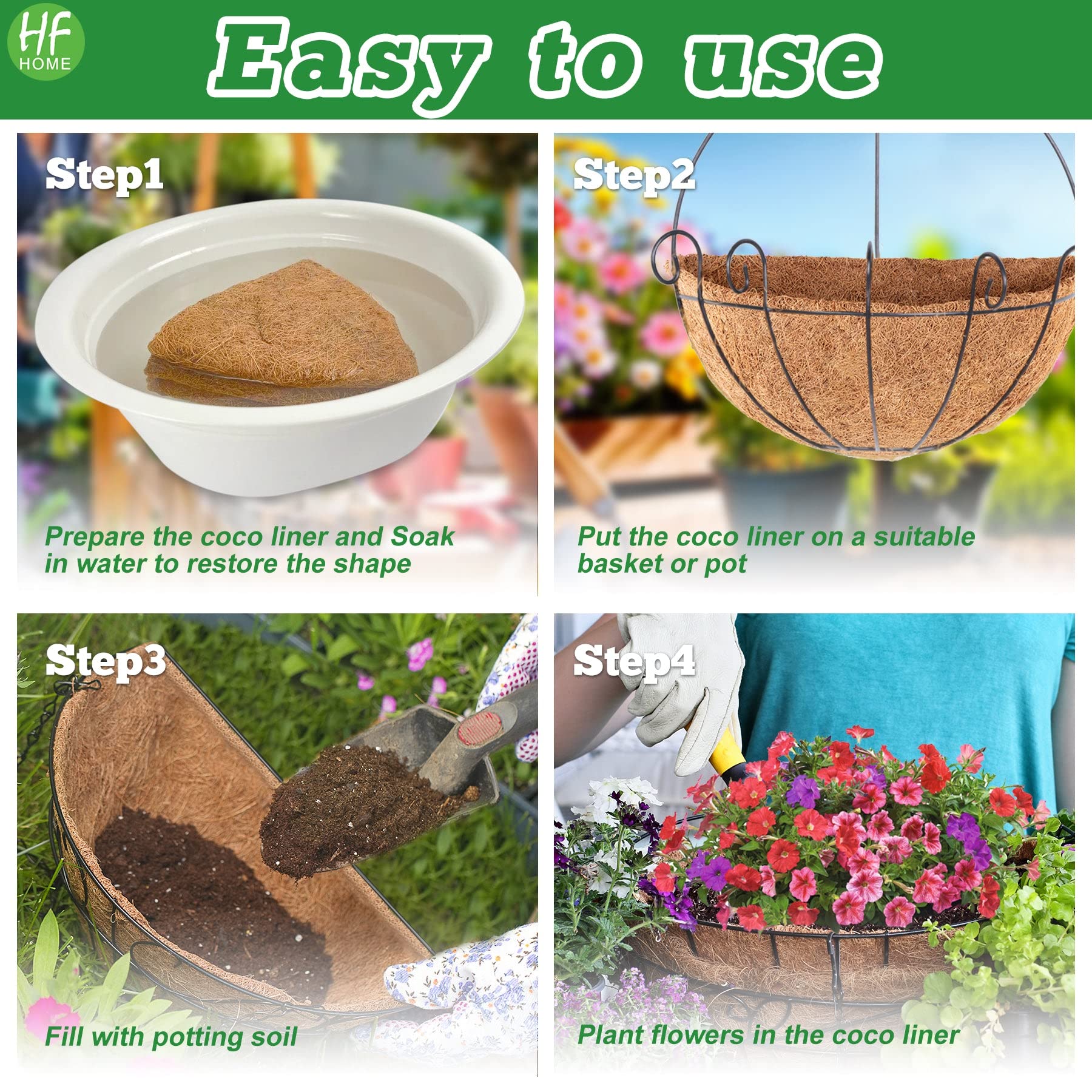 HFHOME 4 Pack 16 Inch Half Round Coco Liner - Natural Coconut Fiber Replacement Liners for Wall Hanging Baskets & Planters | Perfect for Indoor/Outdoor Vertical Gardens, Balcony Decor & Home Greenery