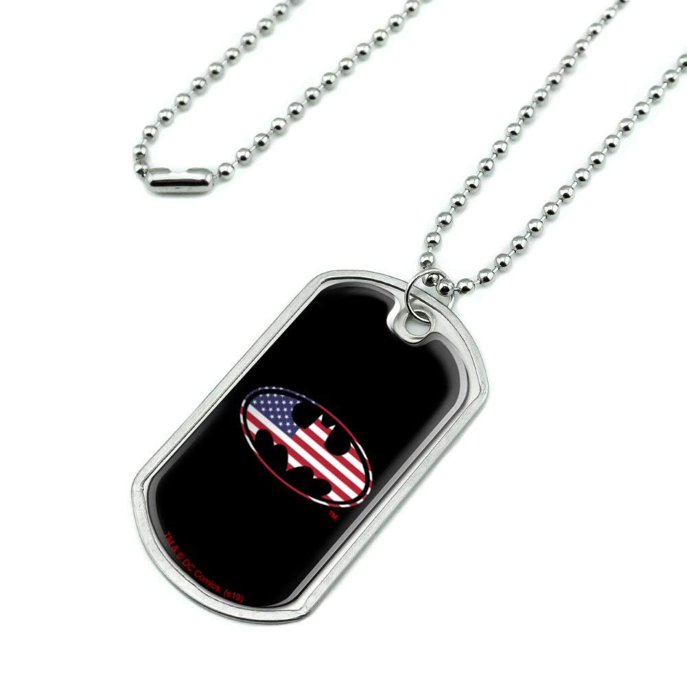 Batman USA American Flag Shield Logo Military Dog Tag Pendant Necklace with Chain - Patriotic Superhero Jewelry for Men & Women - Perfect for Cosplay, Gift Giving & Comic Conventions