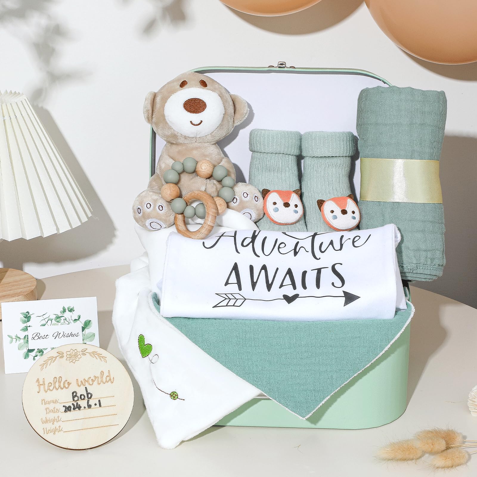 Premium Baby Shower Gift Set - Newborn Essentials Basket with Rattle, Swaddle & Security Blanket | Gender Neutral Sage Green Baby Gifts for Girls & Boys | Perfect for Birthdays, Welcoming Newborns & Nursery Decor