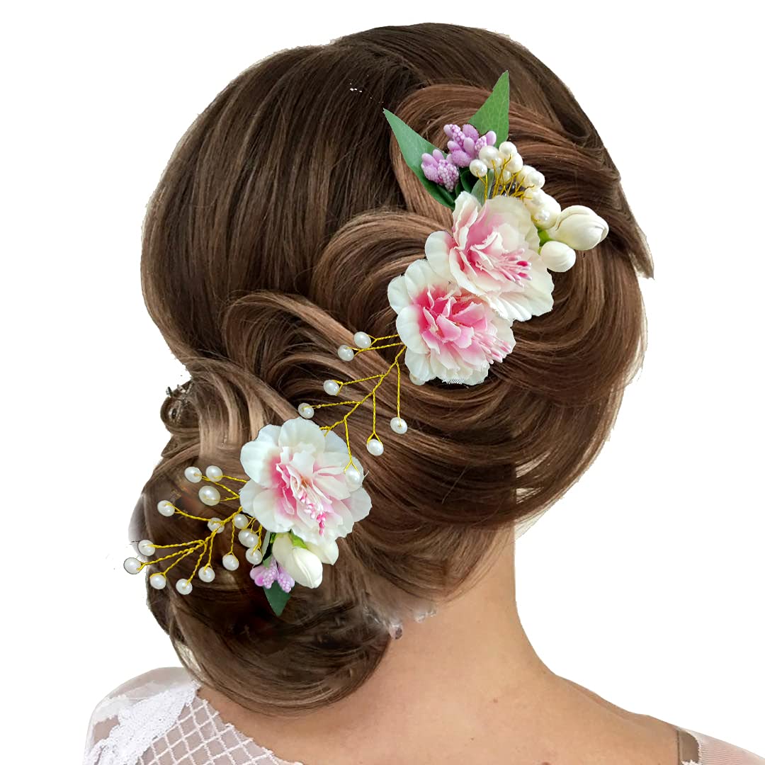 Elegant Pearl Floral Hair Pin for Women & Girls - Baby Pink Bridal Hair Accessories, Wedding Bun Veil, Juda Hair Jewelry - Perfect for Bridal, Prom & Special Occasions