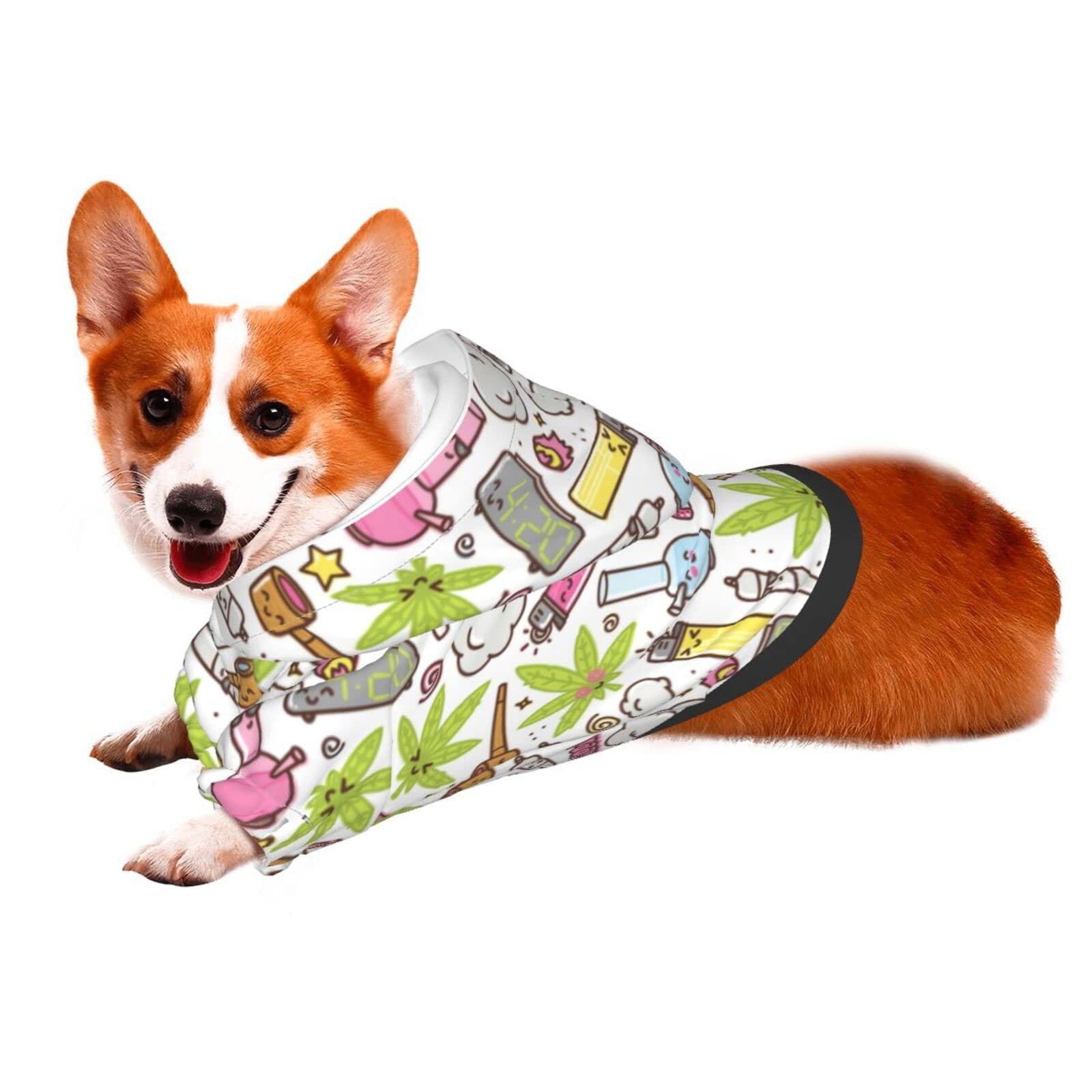 Cute Cartoon Cannabis Pattern Dog Hoodie - Warm Pet Sweater with Hat for Small Dogs (Green & White, X-Small) - Perfect for Outdoor Walks & Winter Fashion