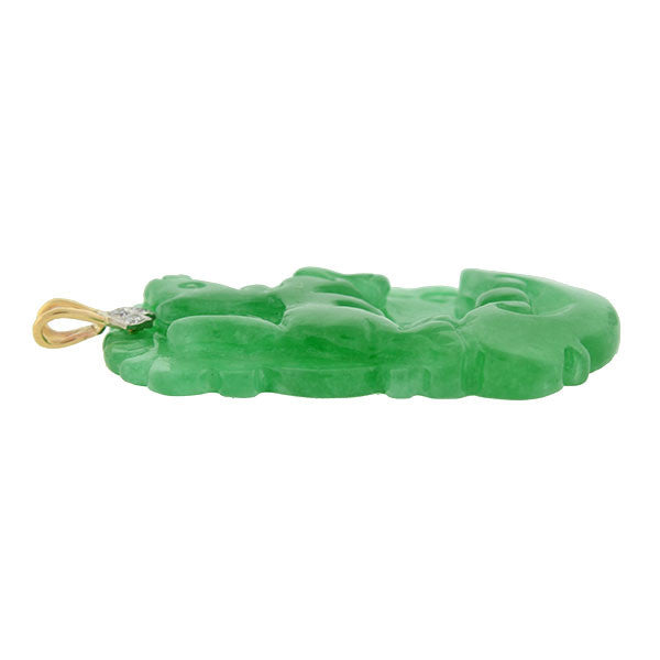 Exquisite Art Deco 14K Gold & Diamond Carved Jadeite Pendant Necklace - Vintage Jewelry for Women, Perfect for Weddings, Parties & Special Occasions